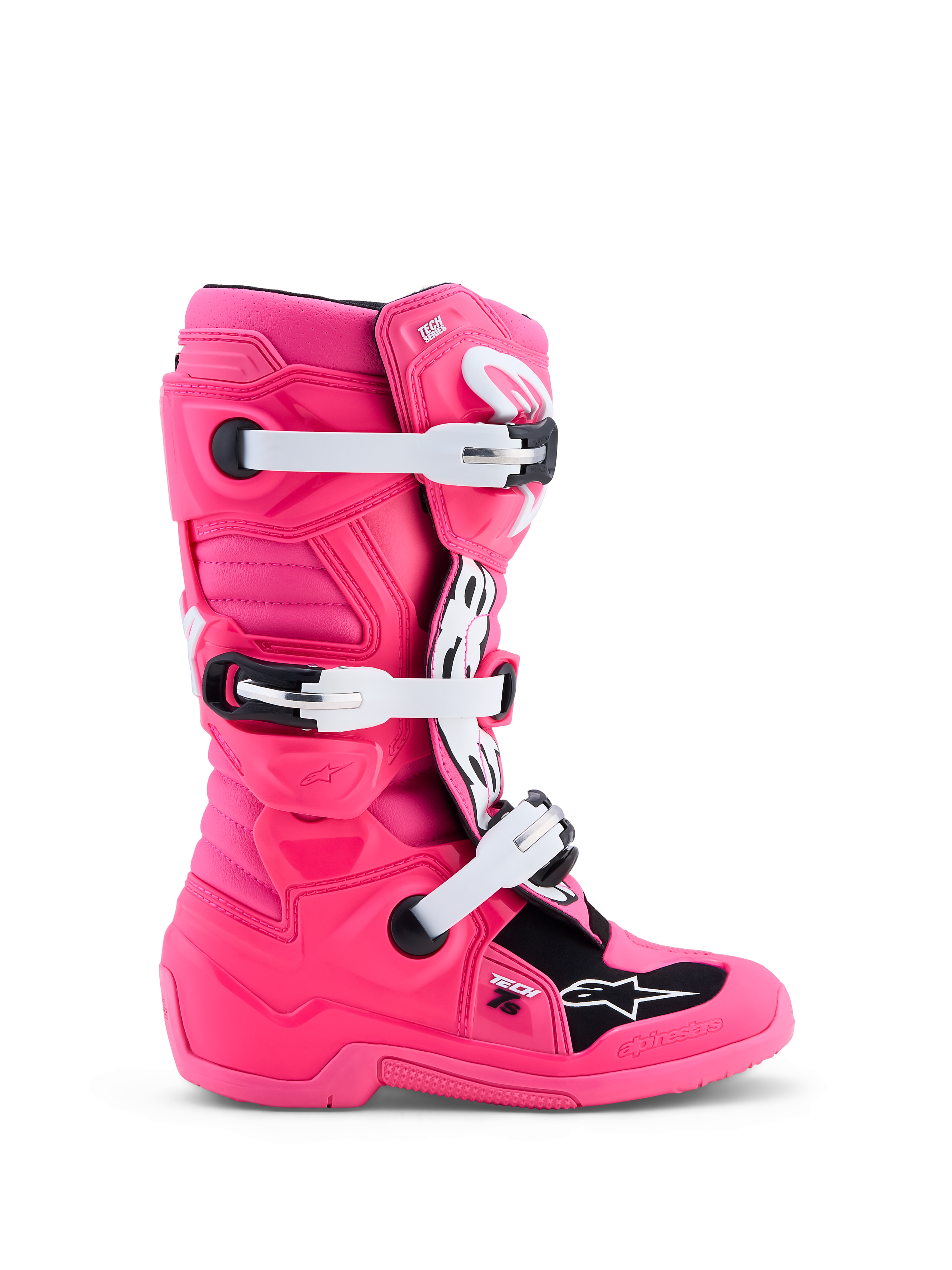 Alpinestars Tech 7S Juvenil, botas de motocross en rosa flúor y negro, hebillas blancas y protección resistente de TPU