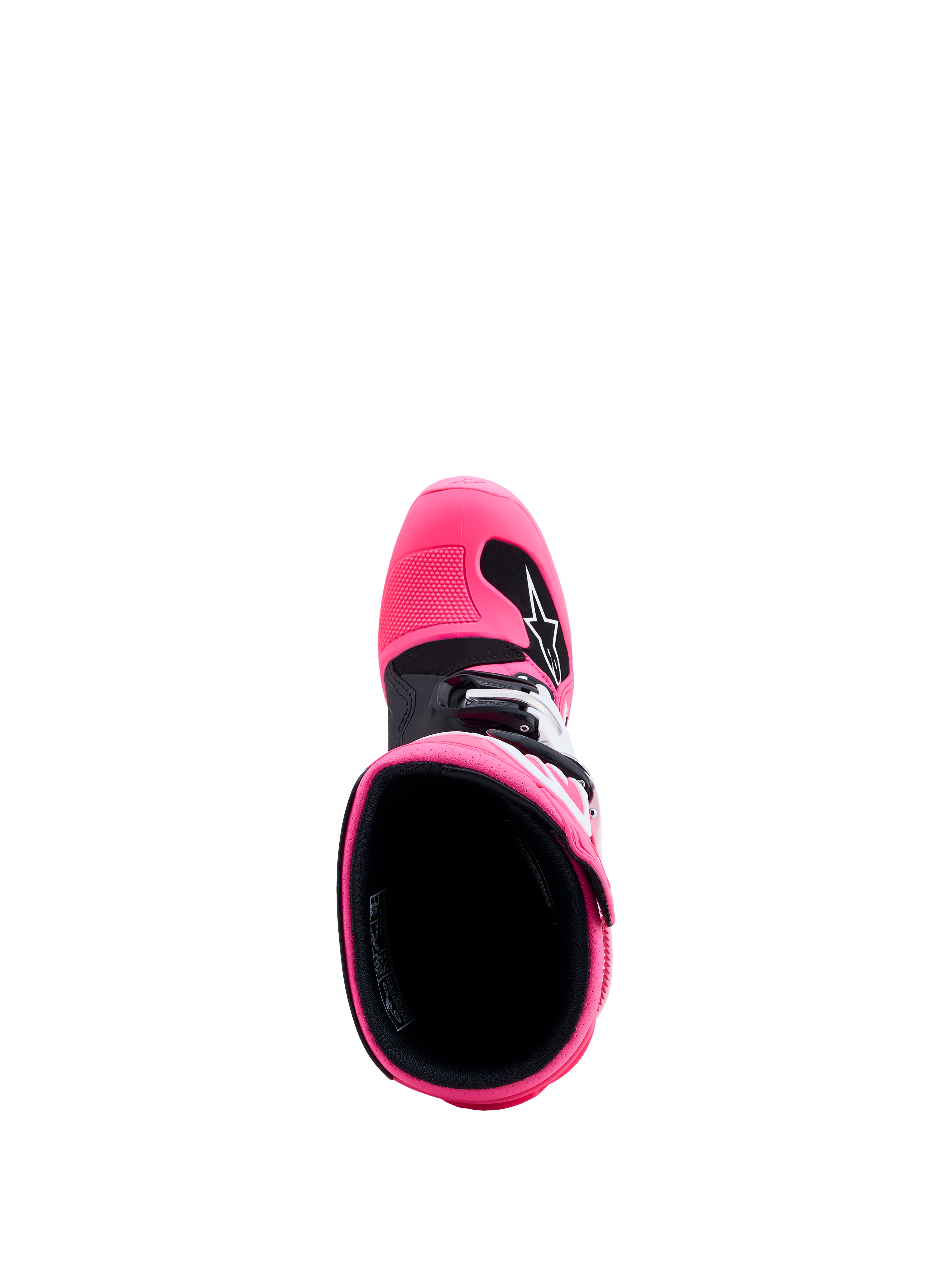 Alpinestars botas Tech 7S Juvenil de motocross, rosa flúor y negras, vista superior del interior con protección de TPU