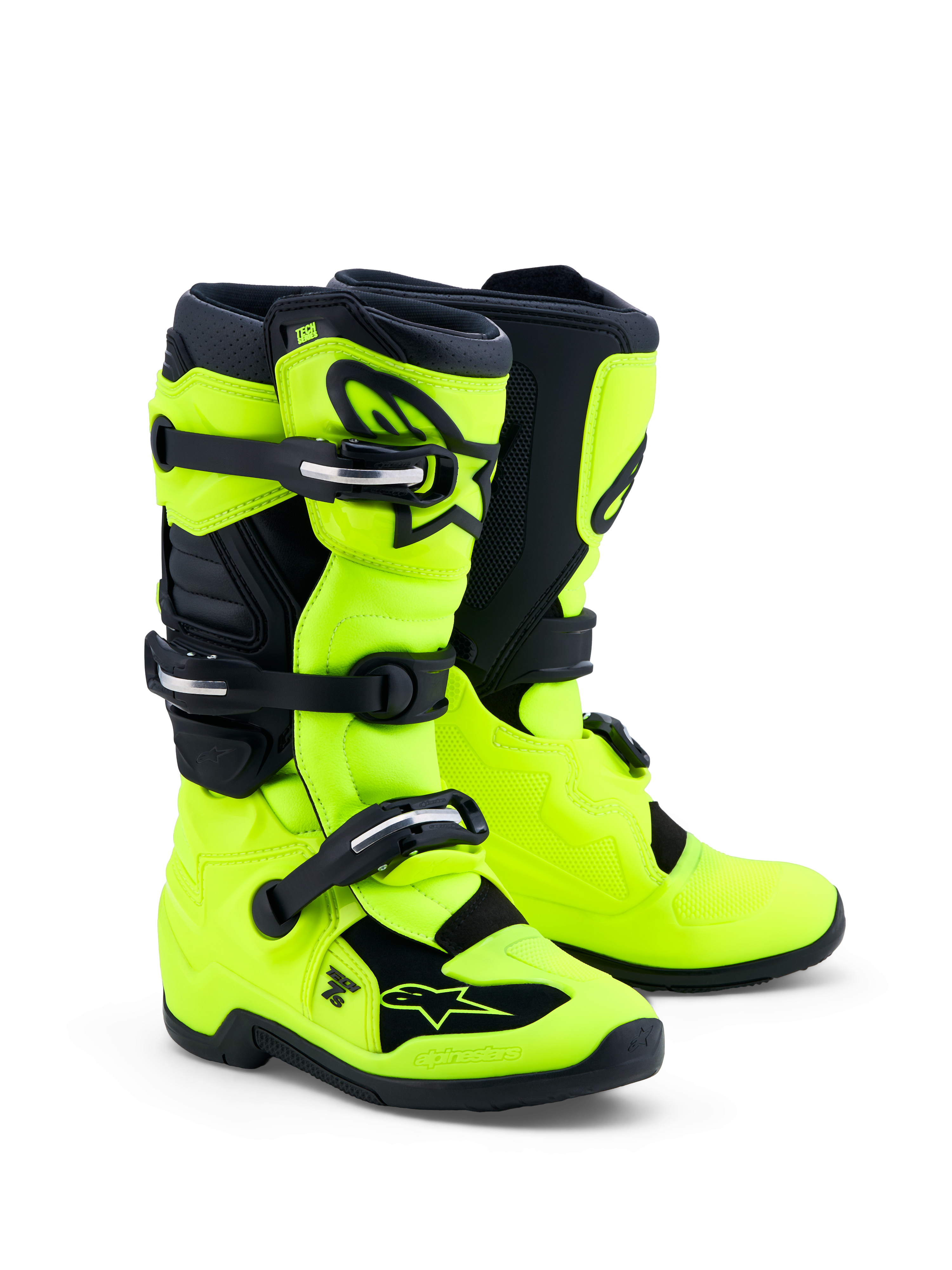 Alpinestars Tech 7S Juvenil, botas de motocross en amarillo flúor y negro con protección TPU y sistema de pivote.