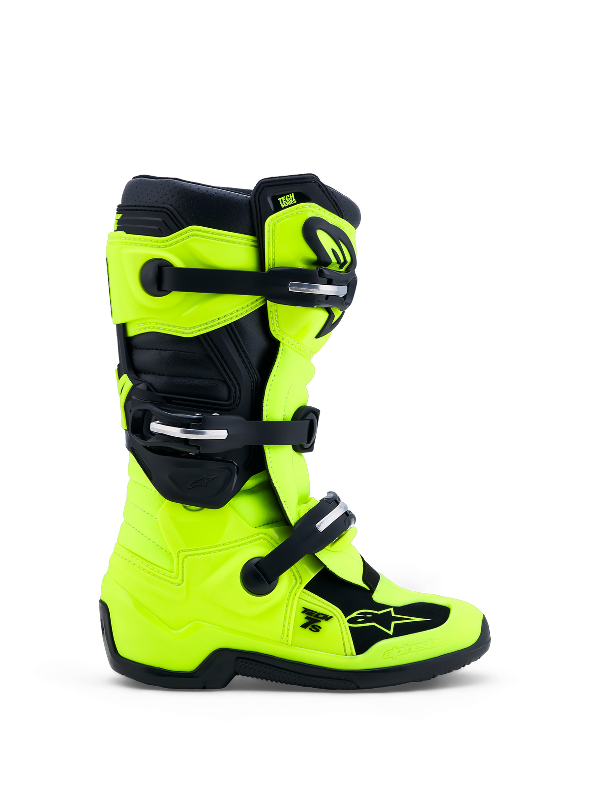 Alpinestars Tech 7S Juvenil, botas de moto para motocross, amarillas fluo y negras, cierres de hebilla de polímero, protección de TPU de alta rigidez, diseño off-road certificado CE