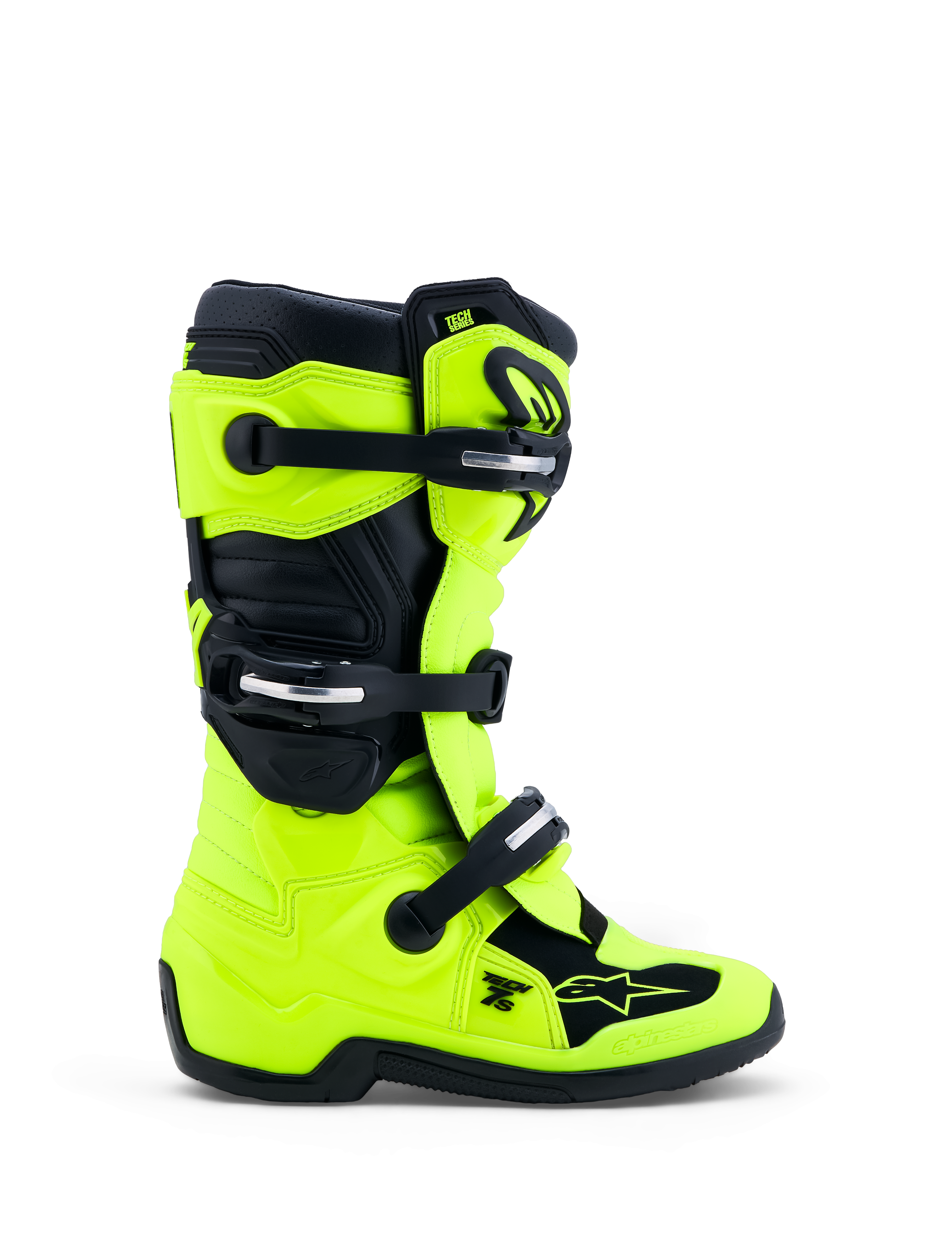 Alpinestars Tech 7S Juvenil, botas de moto para motocross, amarillas fluo y negras, cierres de hebilla de polímero, protección de TPU de alta rigidez, diseño off-road certificado CE