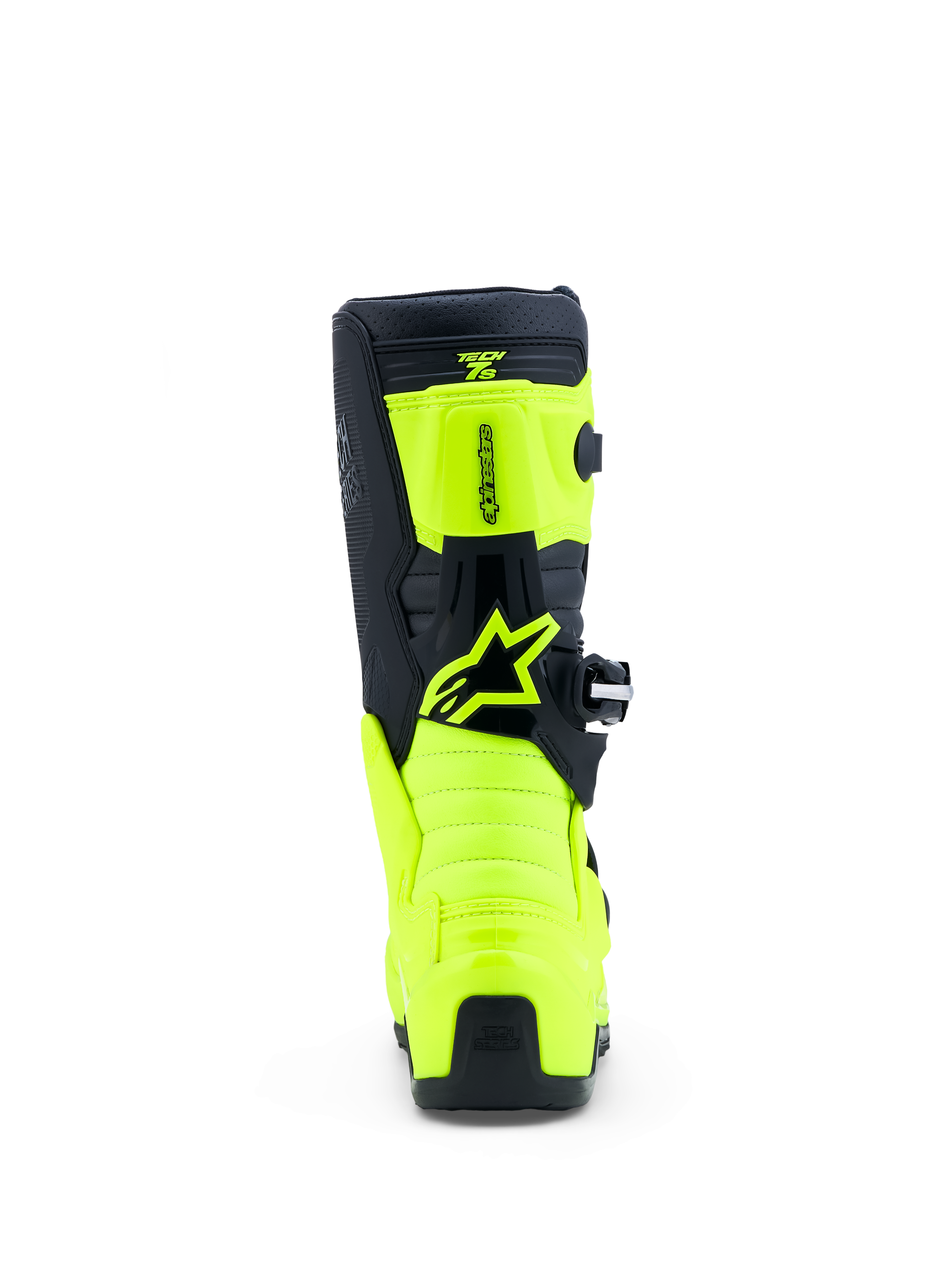 Alpinestars botas Tech 7S juvenil para motocross, amarillas fluo y negras, vista trasera con paneles de TPU y logo Astar
