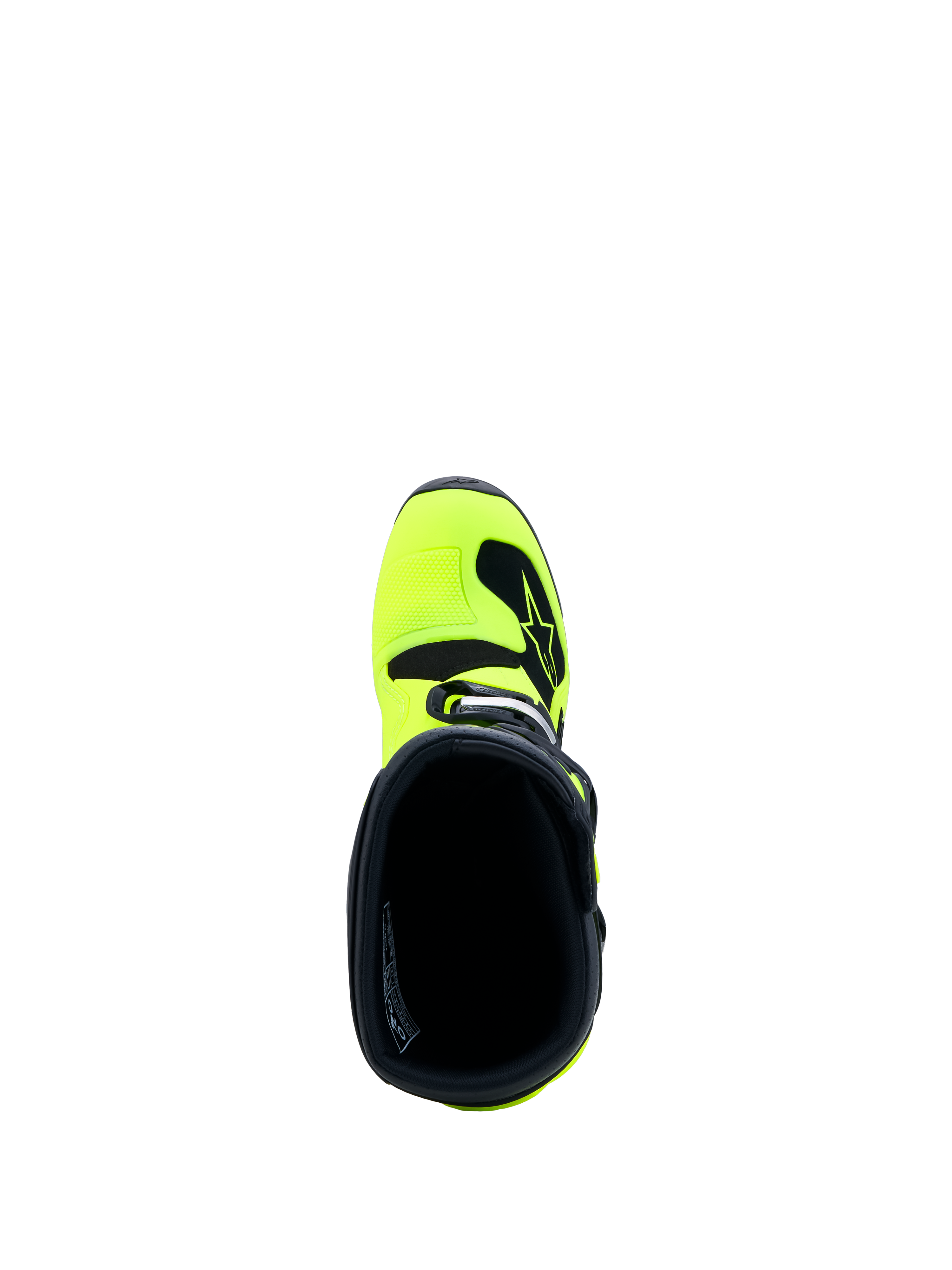 Alpinestars Tech 7S Juvenil, botas de motocross amarillas flúor y negras, vista superior del cuello interno y la puntera