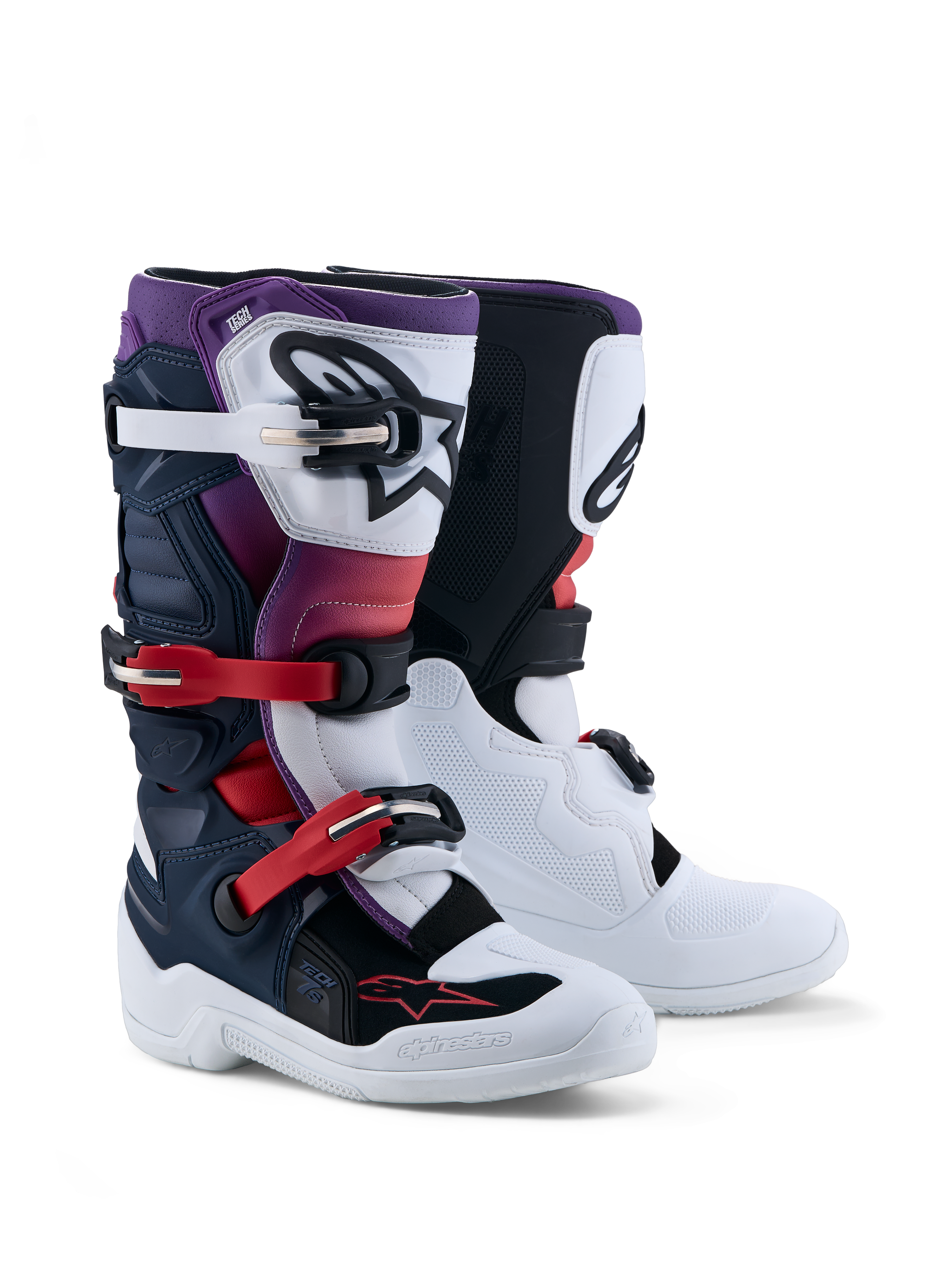 Alpinestars Tech 7S Juvenil, botas de motocross blancas y azules para jóvenes, protección TPU y certificación CE.