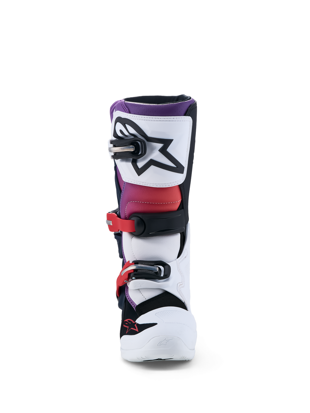Alpinestars botas Tech 7S juvenil, botas de motocross blancas, moradas y rojas, con protección de TPU y cierre de hebillas.