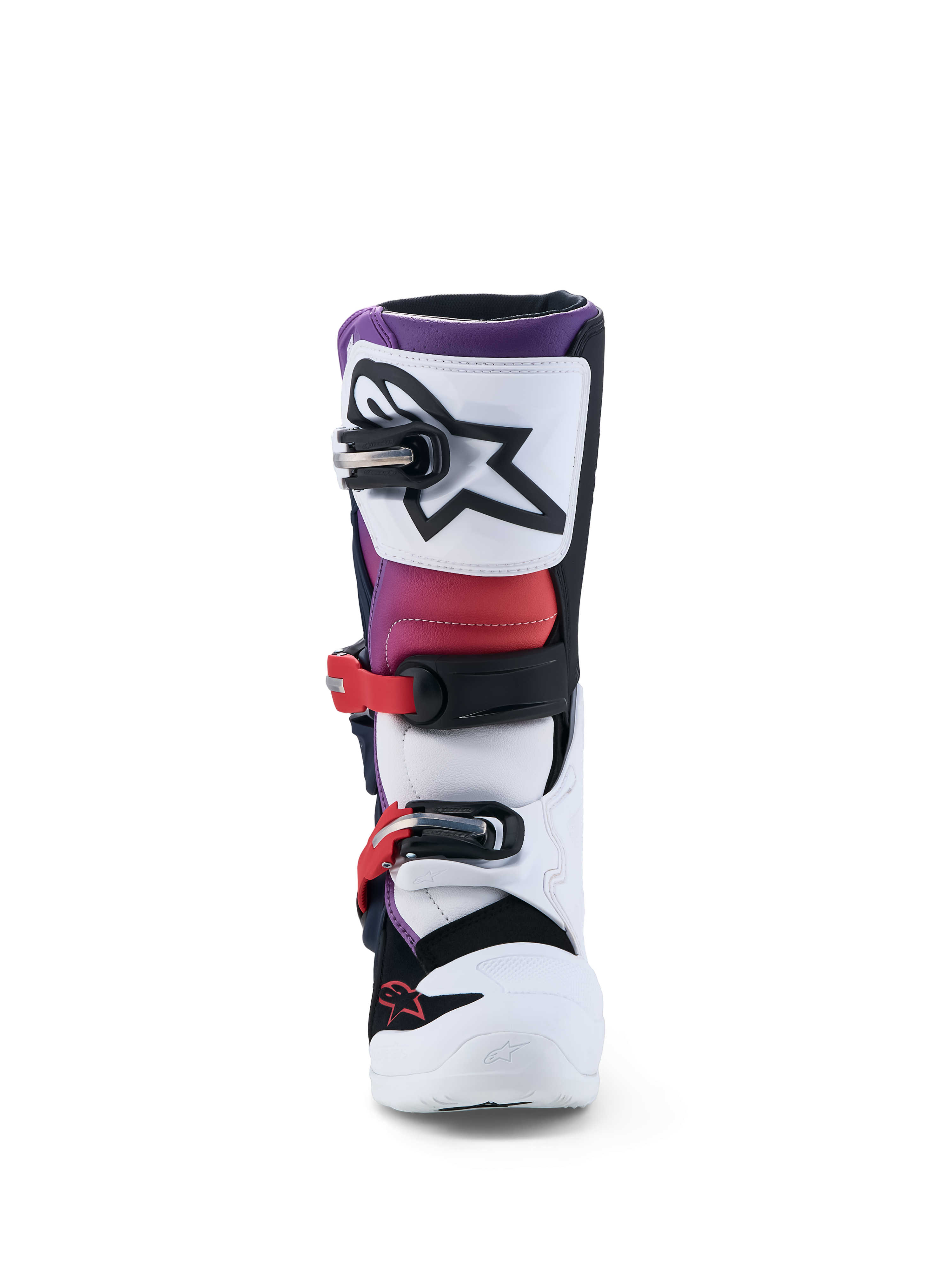 Alpinestars botas Tech 7S juvenil, botas de motocross blancas, moradas y rojas, con protección de TPU y cierre de hebillas.