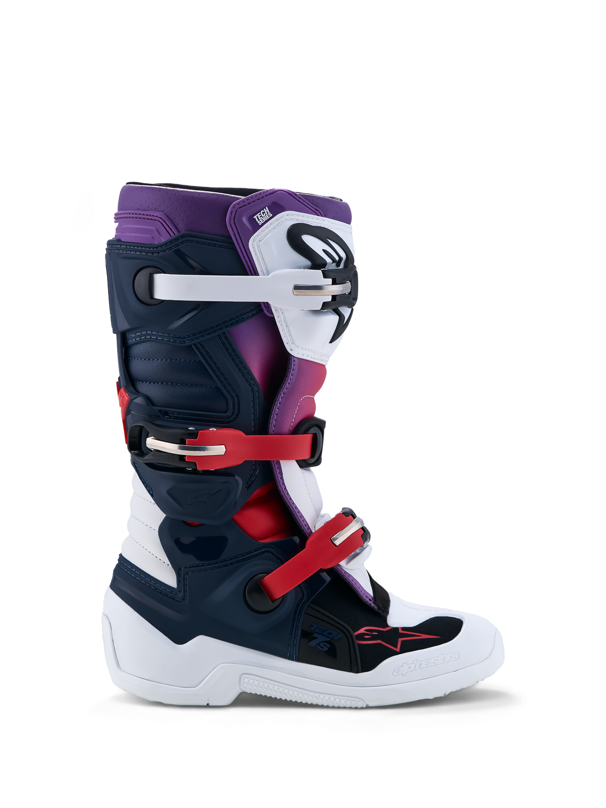 Alpinestars botas Tech 7S juvenil de motocross, calzado off-road en azul oscuro, blanco y rojo con protección de TPU