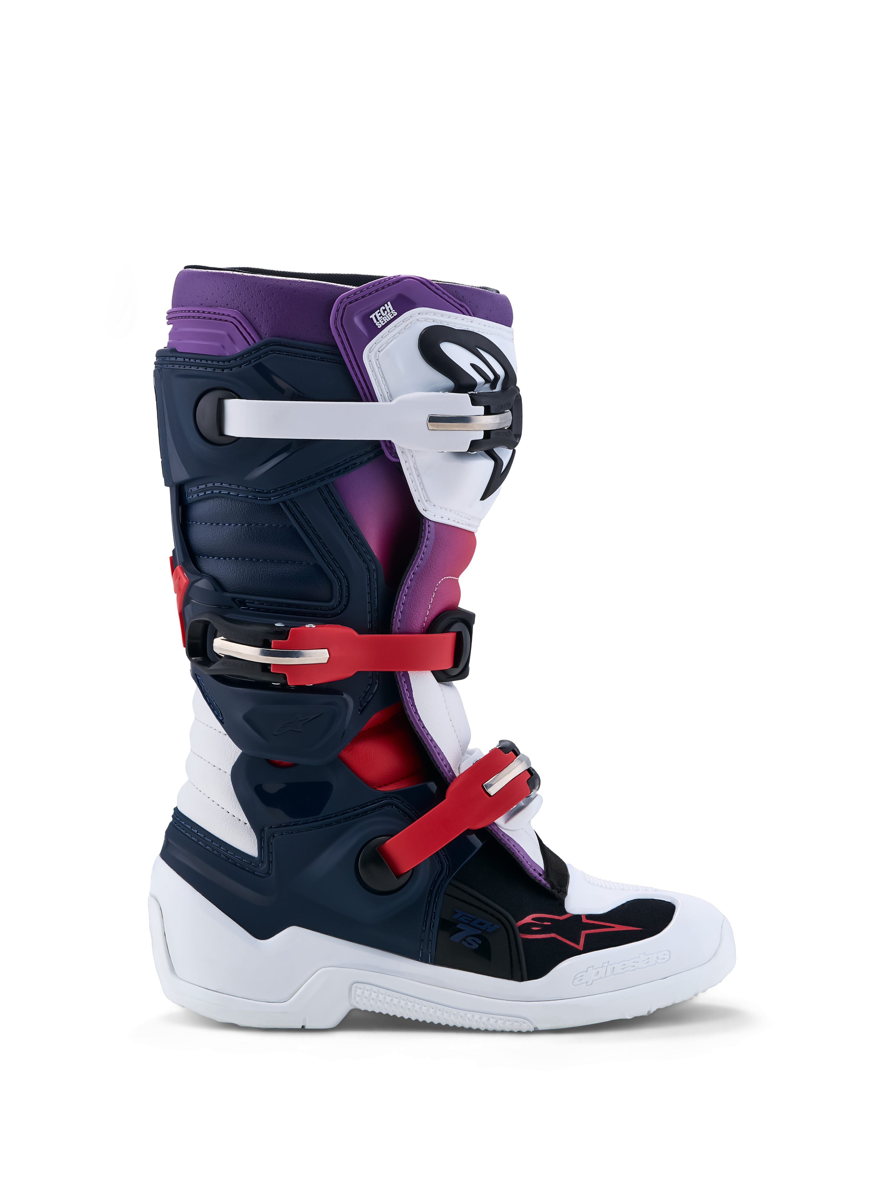 Alpinestars botas Tech 7S juvenil de motocross, calzado off-road en azul oscuro, blanco y rojo con protección de TPU