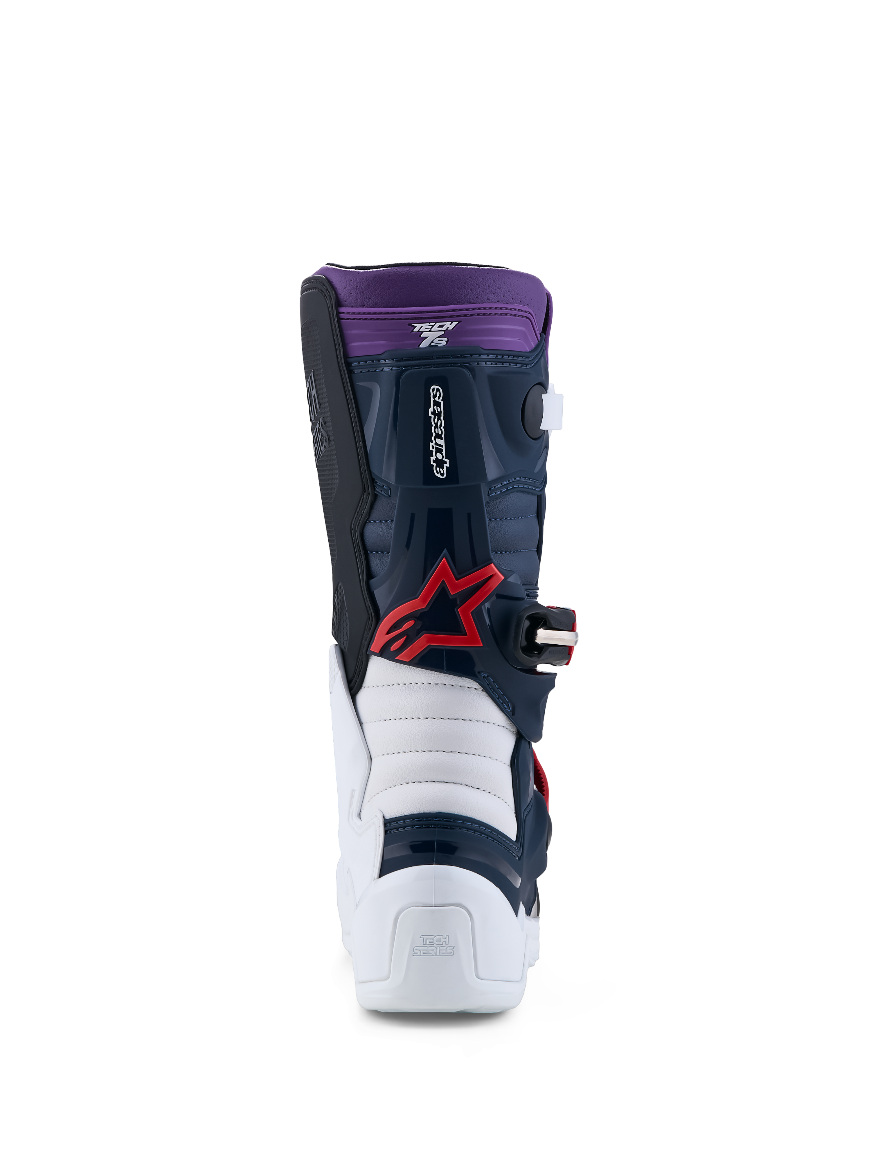Alpinestars Tech 7S Juvenil, botas de motocross para pilotos junior, azul oscuro, blanco y morado con detalles rojos, certificadas CE