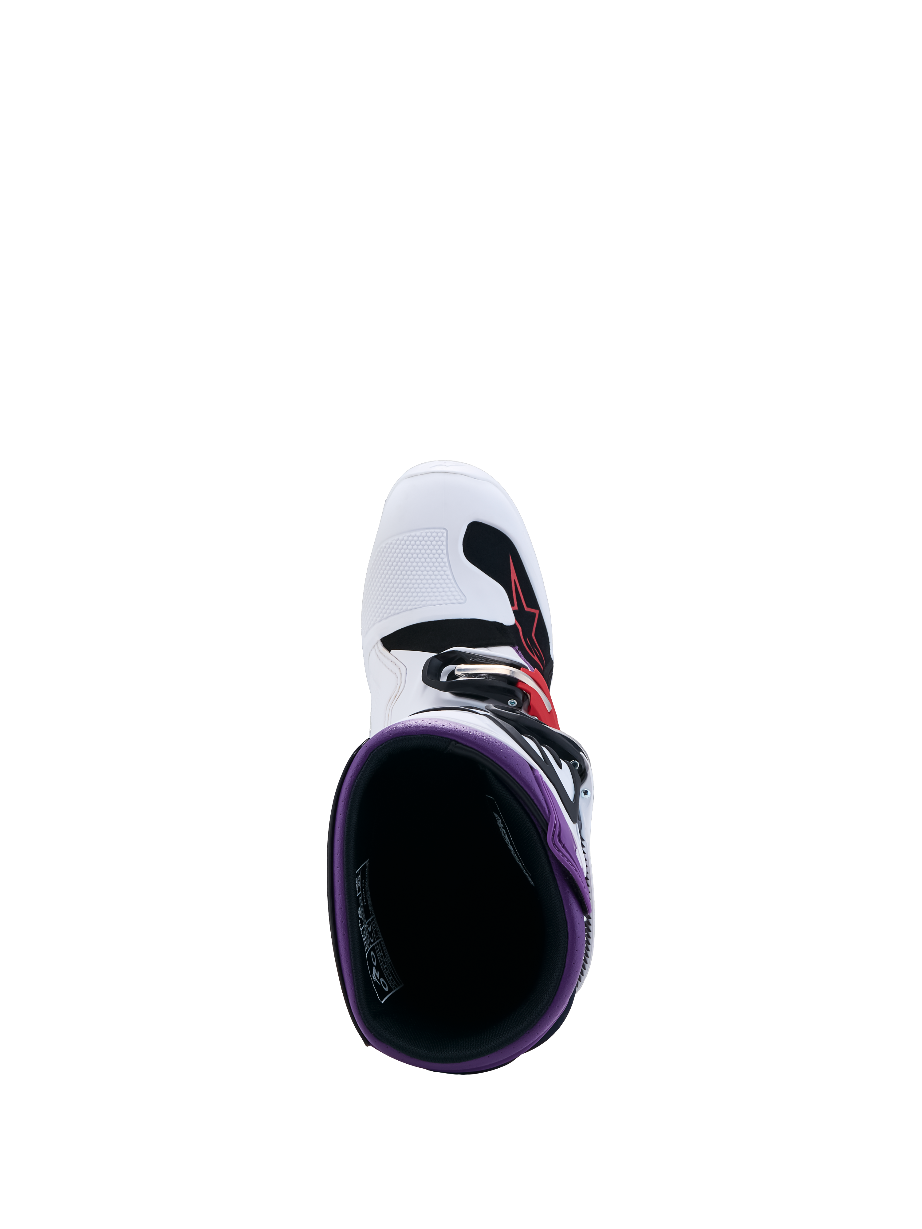 Alpinestars Botas Tech 7S Juvenil, calzado de motocross blanco y azul, vista interior desde arriba.