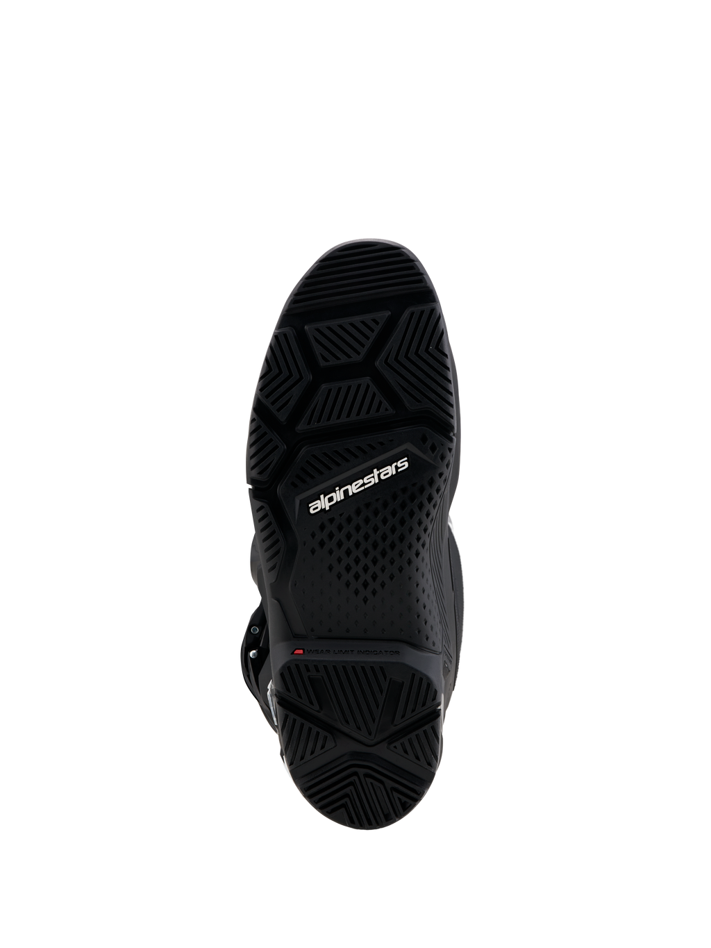 Alpinestars Tech 7 Enduro Gore-Tex, suela de bota negra con indicador de desgaste rojo y patrón de agarre robusto.