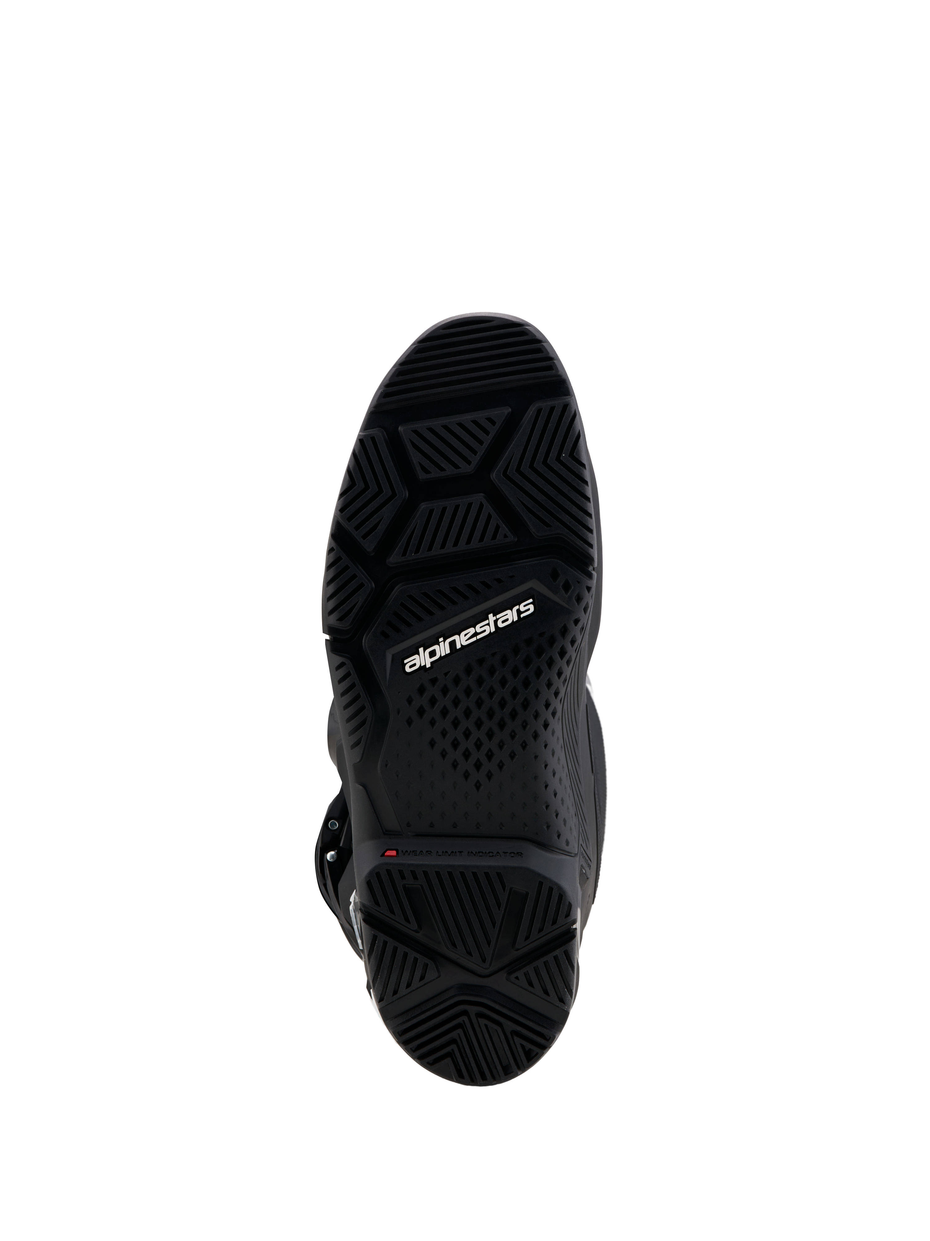 Alpinestars Tech 7 Enduro Gore-Tex, suela de bota negra con indicador de desgaste rojo y patrón de agarre robusto.