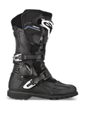 Botas Alpinestars Toucan GORE-TEX, botas de moto para turismo de aventura, negro, vista de perfil con dos hebillas de aluminio plateado, marca GORE-TEX, espinillera reforzada con logotipo blanco y suela rugosa con tacos
