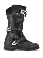 Botas Alpinestars Toucan GORE-TEX, botas de moto para turismo de aventura, negro, vista de perfil con dos hebillas de aluminio plateado, marca GORE-TEX, espinillera reforzada con logotipo blanco y suela rugosa con tacos