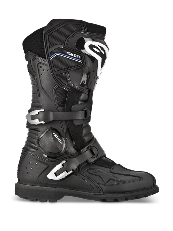 Botas Alpinestars Toucan GORE-TEX, botas de moto para turismo de aventura, negro, vista de perfil con dos hebillas de aluminio plateado, marca GORE-TEX, espinillera reforzada con logotipo blanco y suela rugosa con tacos