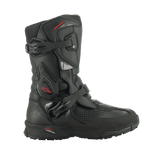 A pair of black/black XT-8 Gore-Tex high-top adventure enduro boots by Alpinestars EU, featuring red detailing. These boots boast a reinforced design with protective buckles and a rugged sole for enhanced grip. The Alpinestars logo is visible on the side, and the durable material makes them perfect for off-road riding.