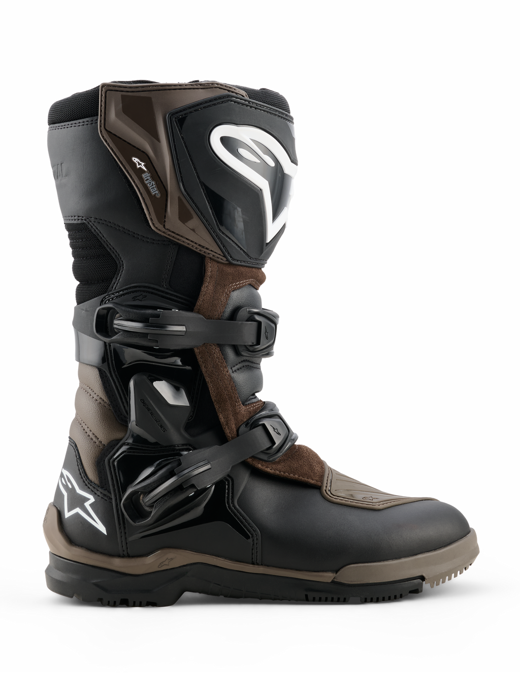 Botas Alpinestars Corozal V2 Adventure Drystar, botas de moto adventure touring, color marrón y negro, construcción impermeable con correas de hebilla ajustables, protección reforzada en tobillo y espinilla, suela con textura rugosa para agarre todoterreno