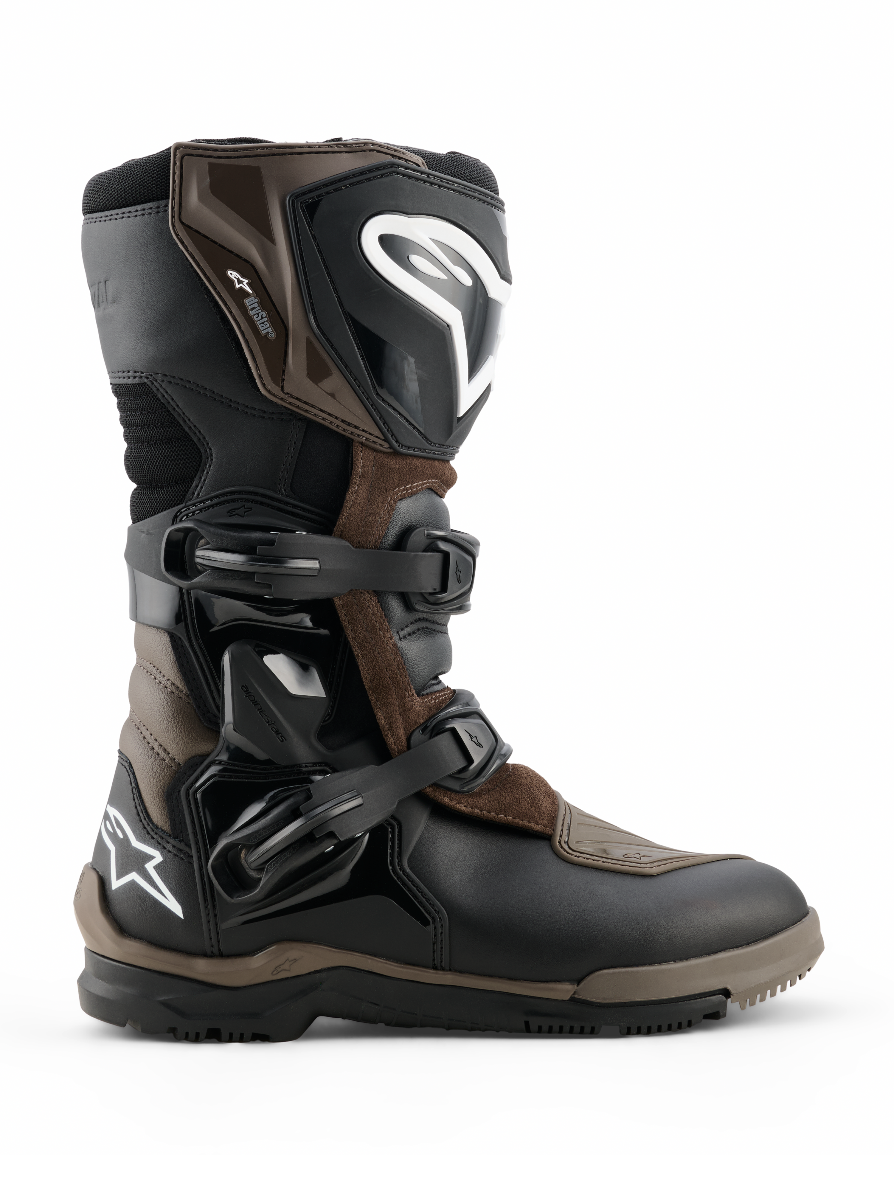 Botas Alpinestars Corozal V2 Adventure Drystar, botas de moto adventure touring, color marrón y negro, construcción impermeable con correas de hebilla ajustables, protección reforzada en tobillo y espinilla, suela con textura rugosa para agarre todoterreno