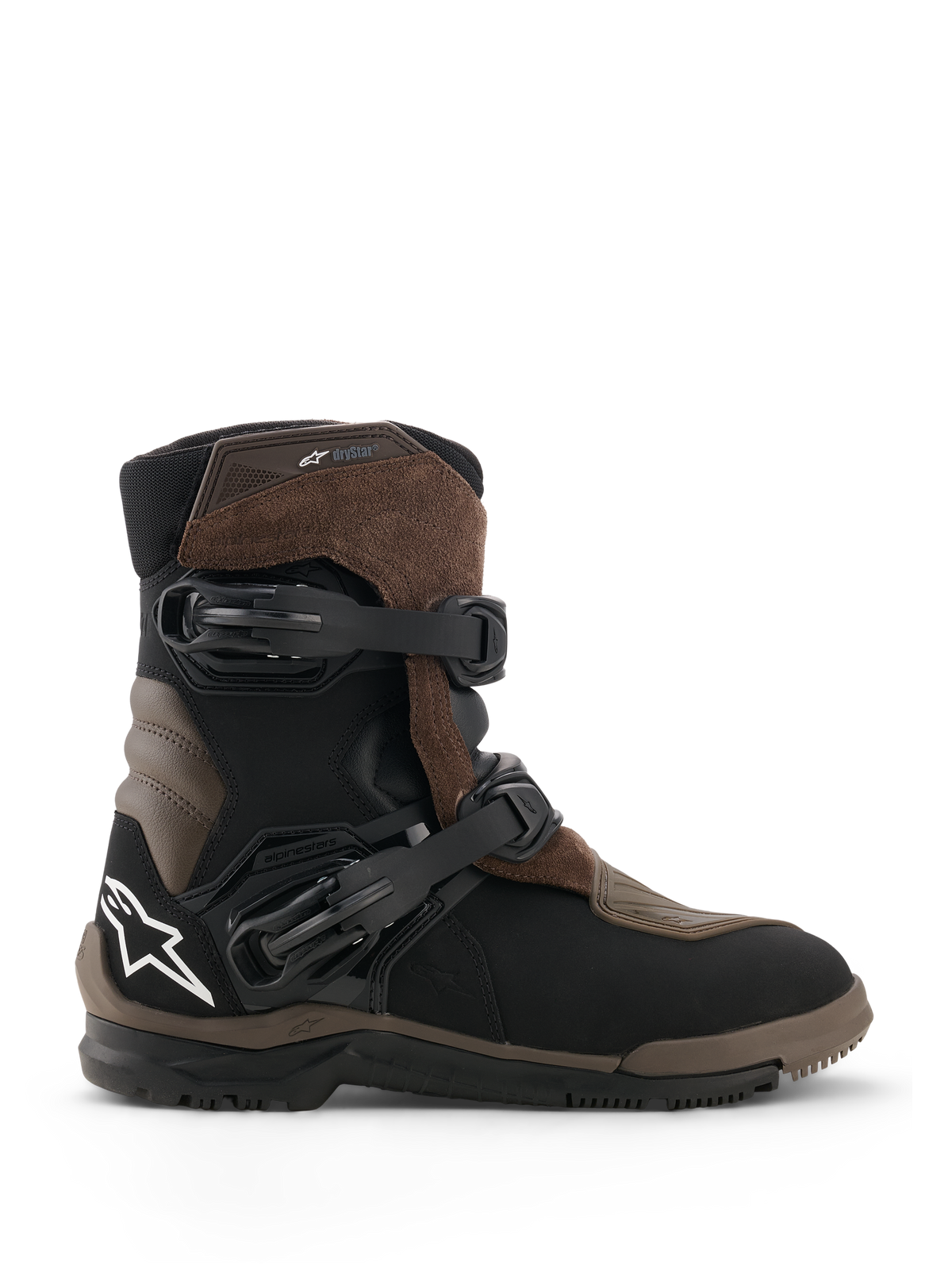 Botas Alpinestars Belize V2 Drystar, botas de moto adventure touring, marrón y negro, construcción en ante y cuero impermeable, dos hebillas ajustables de liberación rápida, suela de goma vulcanizada texturizada para off-road, con el logotipo de la estrella blanca en el talón