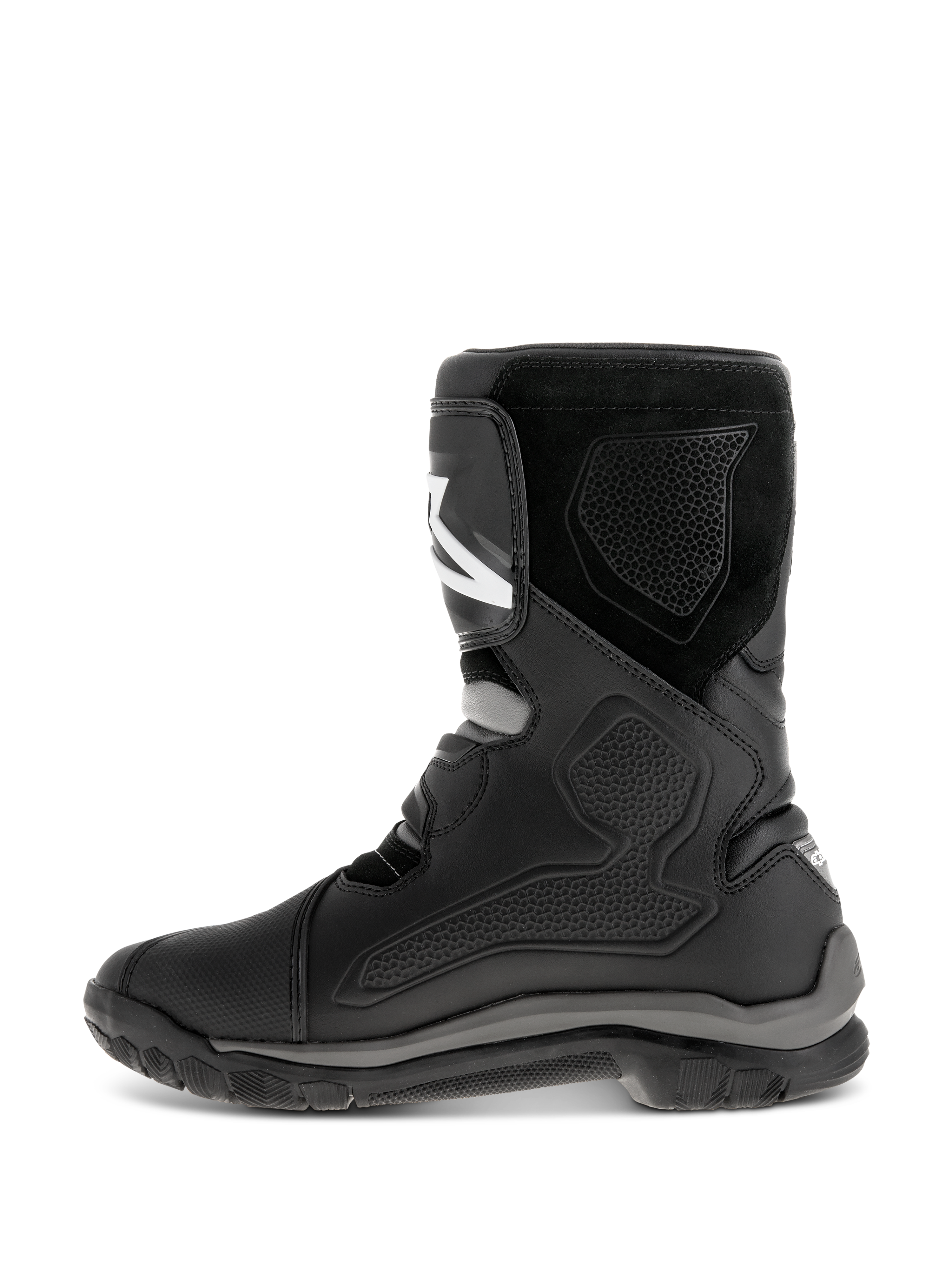 Botas Alpinestars Belize Drystar®, botas de moto negras, vista de perfil lateral que muestra la construcción de cuero con paneles de protección TPU, textura de ante y una suela de caucho vulcanizado resistente para touring de aventura