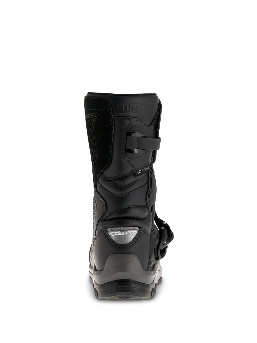Botas Alpinestars Belize Drystar®, botas de moto adventure touring negras, vista trasera que muestra el contrafuerte del talón, el cierre de hebilla y el logotipo Drystar® impermeable.