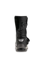 Botas Alpinestars Belize Drystar®, botas de moto adventure touring negras, vista trasera que muestra el contrafuerte del talón, el cierre de hebilla y el logotipo Drystar® impermeable.