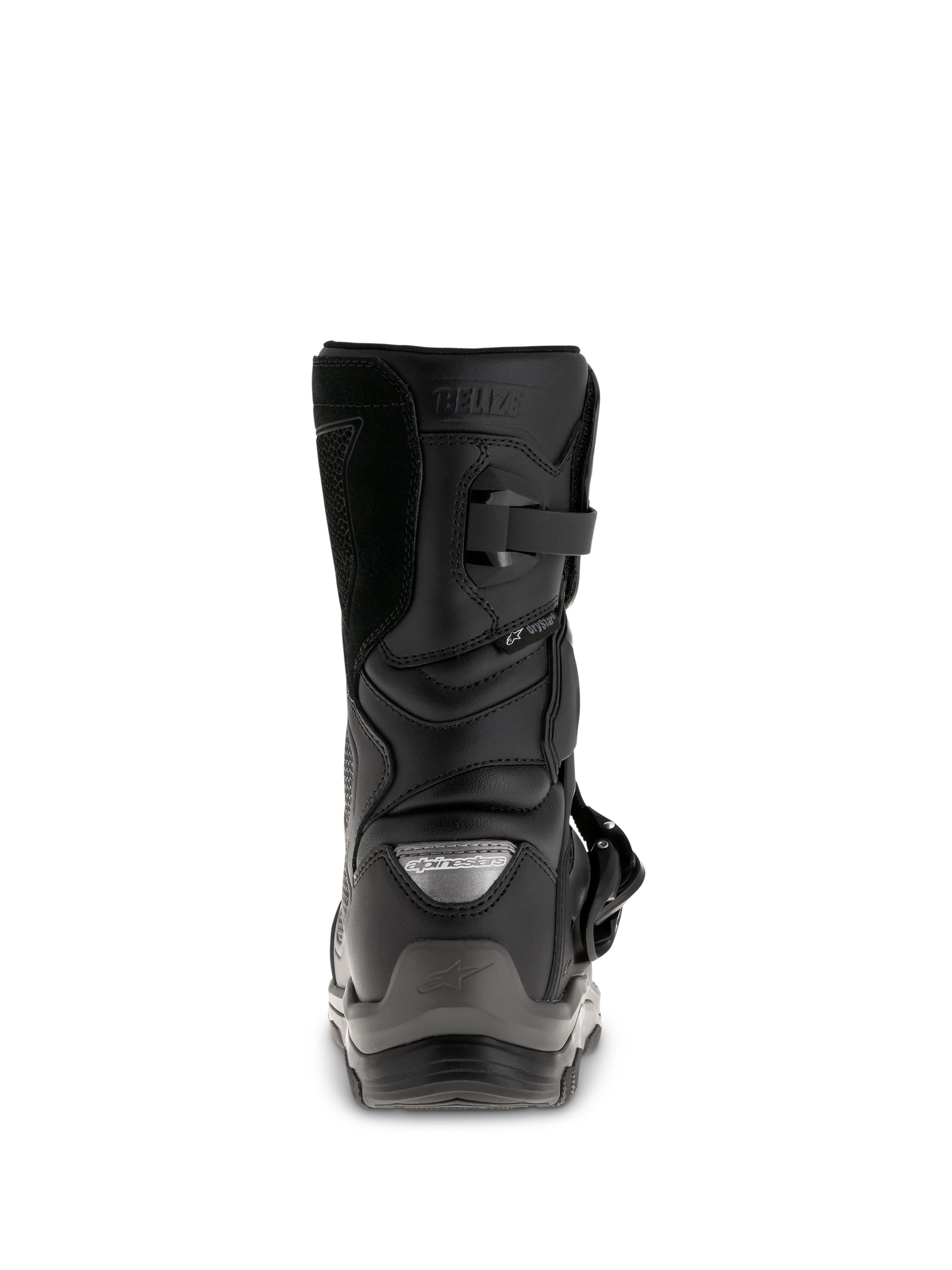 Botas Alpinestars Belize Drystar®, botas de moto adventure touring negras, vista trasera que muestra el contrafuerte del talón, el cierre de hebilla y el logotipo Drystar® impermeable.