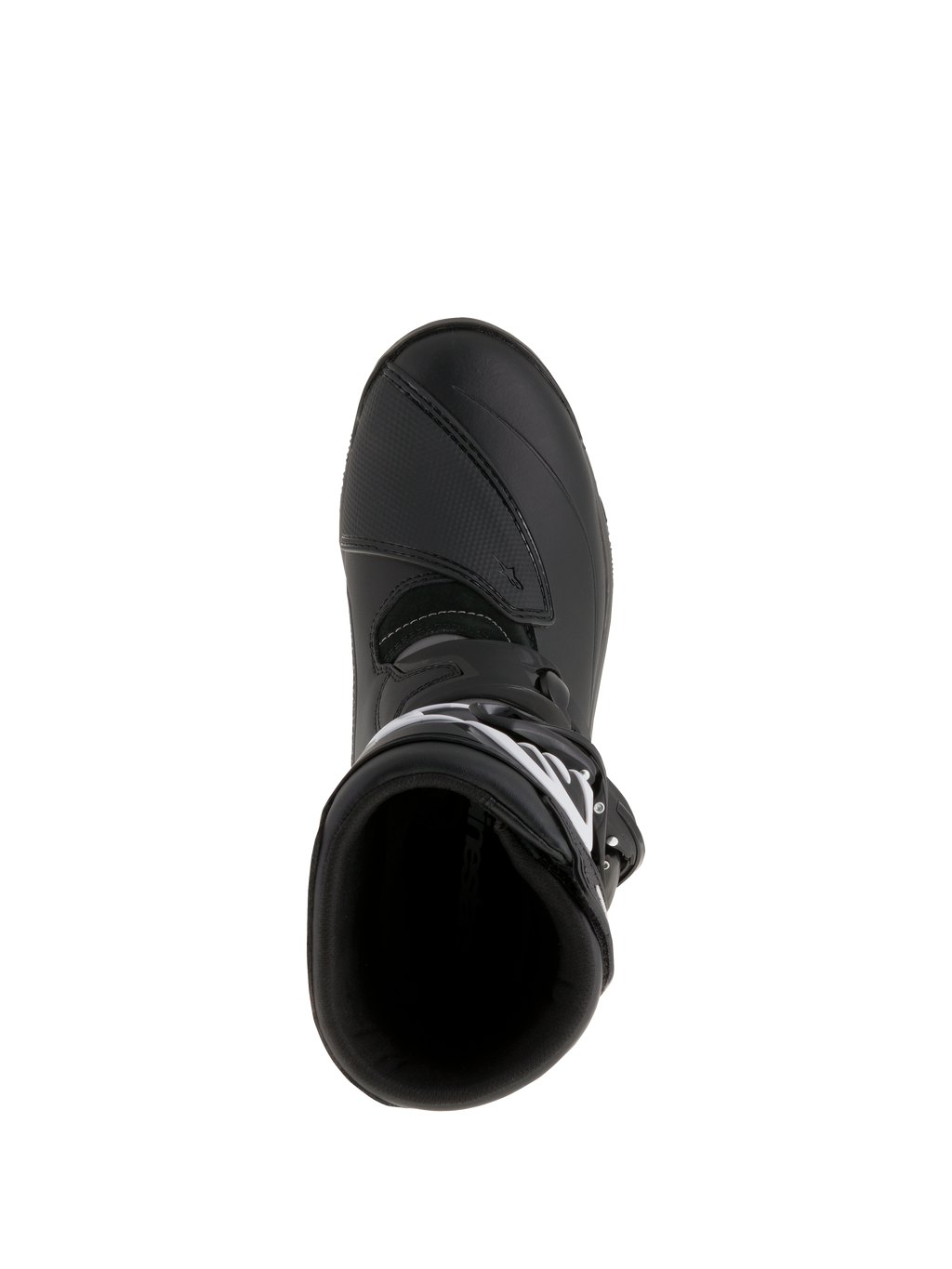 Botas Alpinestars Belize Drystar®, botas de moto para turismo de aventura, color negro, vista superior que muestra la apertura de entrada y el protector de cambios reforzado, construcción en cuero impermeable y microfibra