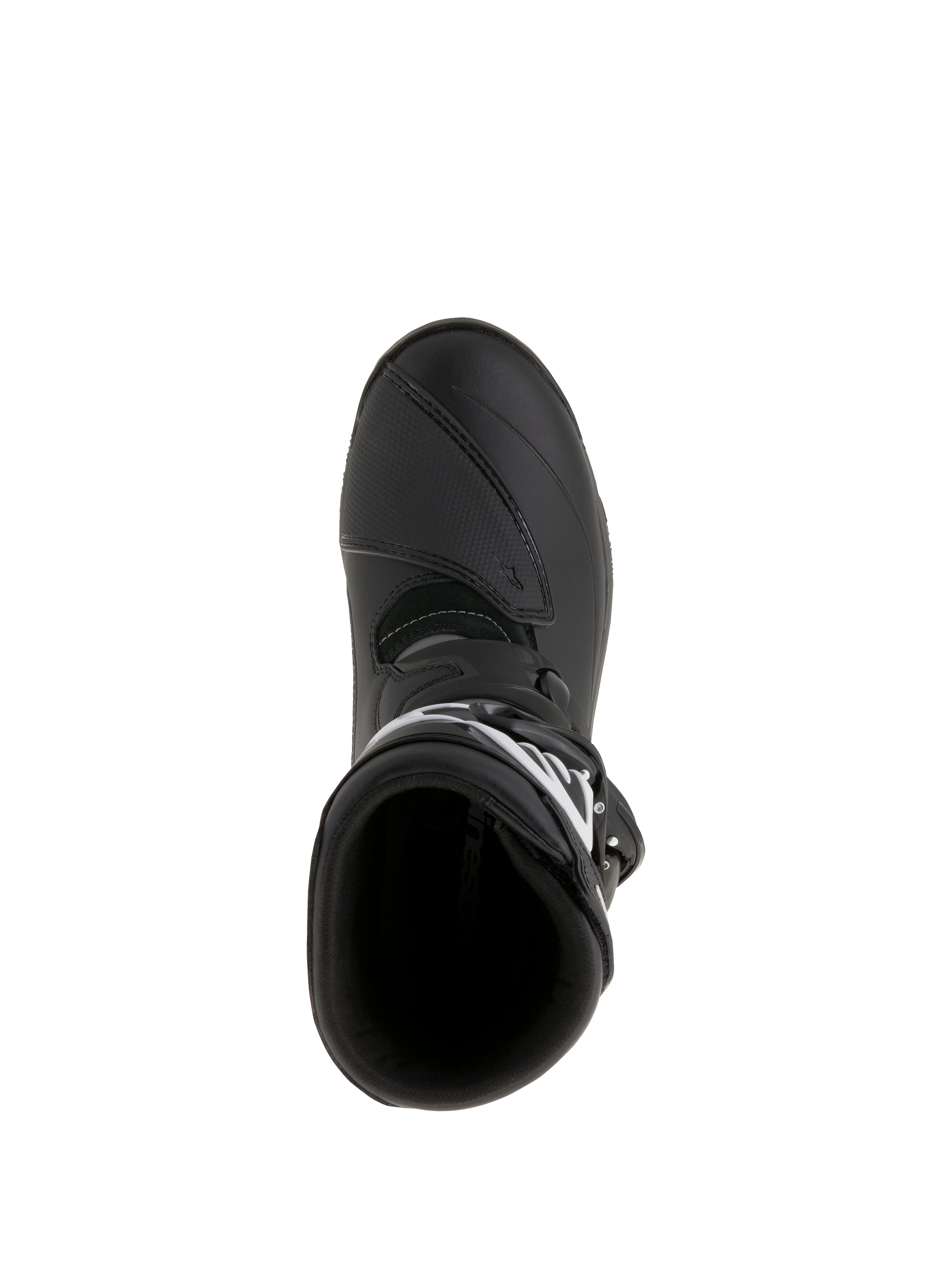 Botas Alpinestars Belize Drystar®, botas de moto para turismo de aventura, color negro, vista superior que muestra la apertura de entrada y el protector de cambios reforzado, construcción en cuero impermeable y microfibra