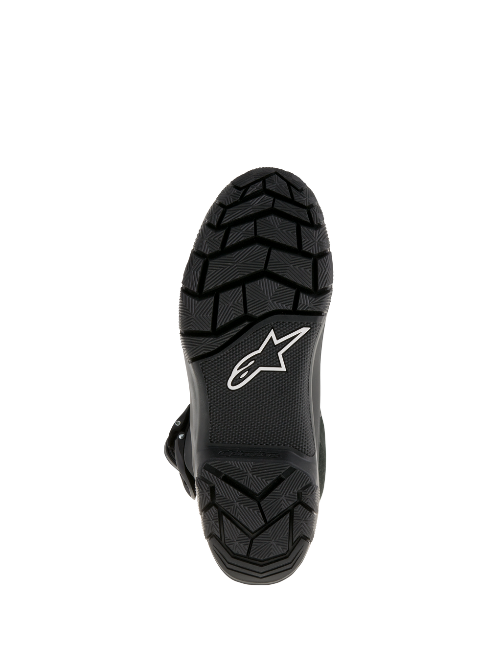 Botas Alpinestars Belize Drystar®, botas de moto Adventure Touring, vista inferior que muestra la suela de caucho vulcanizado negro con dibujo de tacos para un agarre superior y el logotipo de la estrella de Alpinestars en blanco