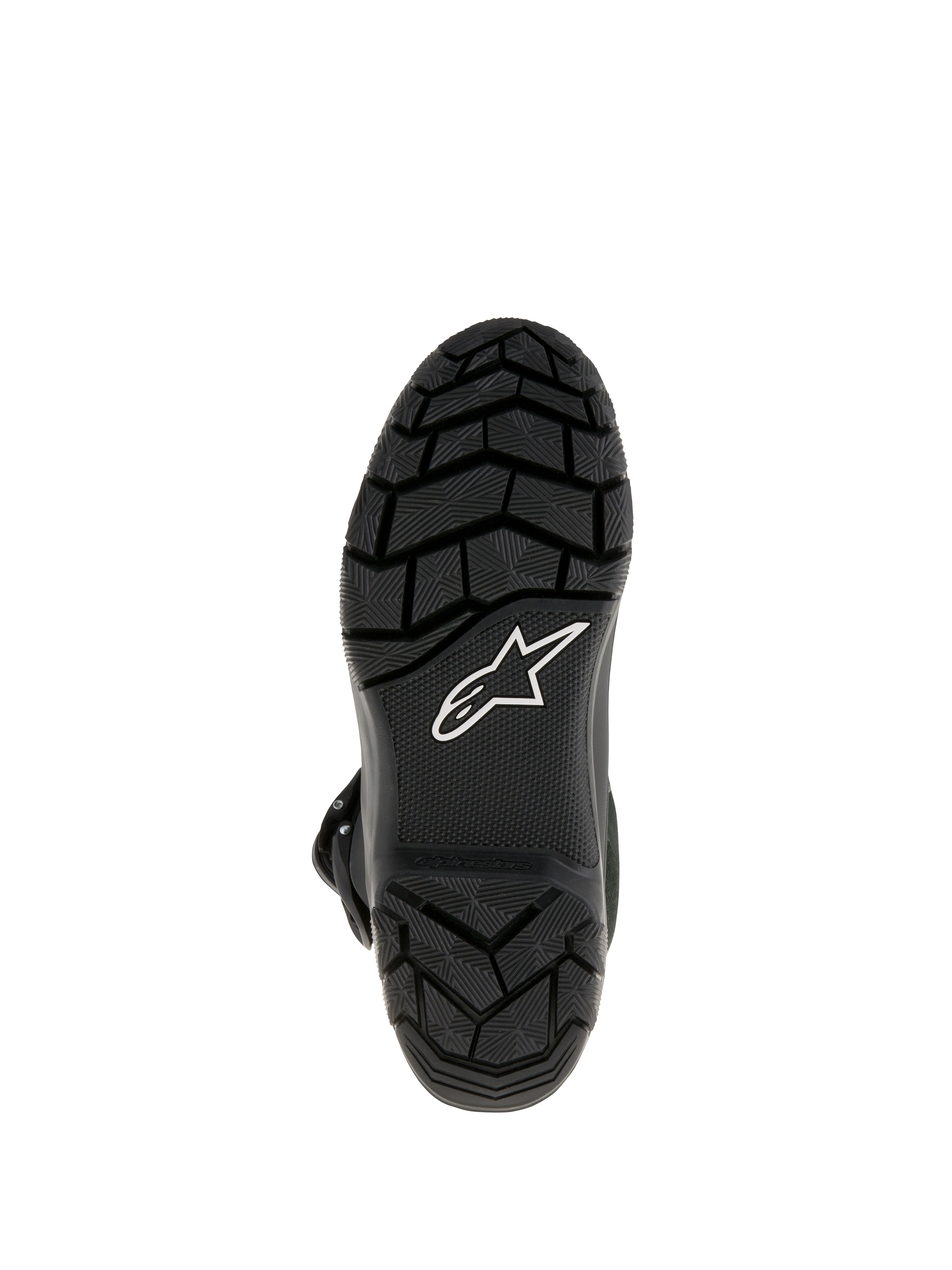 Botas Alpinestars Belize Drystar®, botas de moto Adventure Touring, vista inferior que muestra la suela de caucho vulcanizado negro con dibujo de tacos para un agarre superior y el logotipo de la estrella de Alpinestars en blanco
