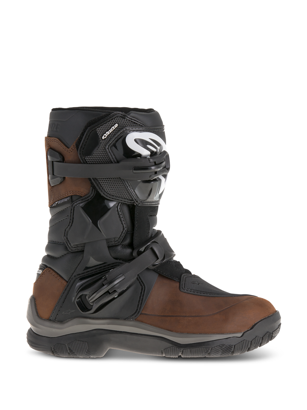 Botas Alpinestars Belize Drystar, botas de moto de caña corta para turismo de aventura, cuero marrón aceitado y negro, con protección lateral de tobillo flexi-blade, dos hebillas de trinquete ajustables y suela de goma texturizada duradera