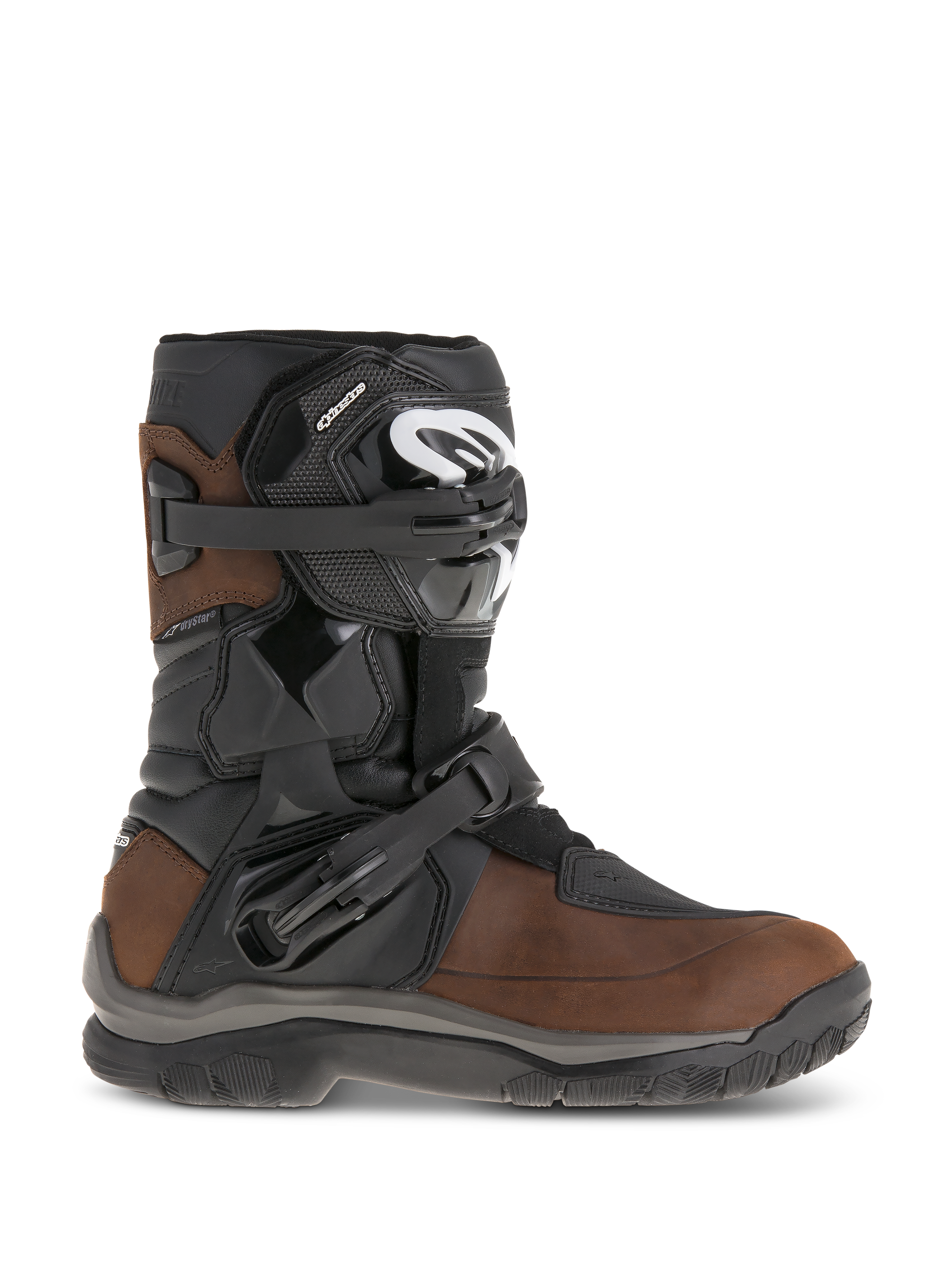 Botas Alpinestars Belize Drystar, botas de moto de caña corta para turismo de aventura, cuero marrón aceitado y negro, con protección lateral de tobillo flexi-blade, dos hebillas de trinquete ajustables y suela de goma texturizada duradera
