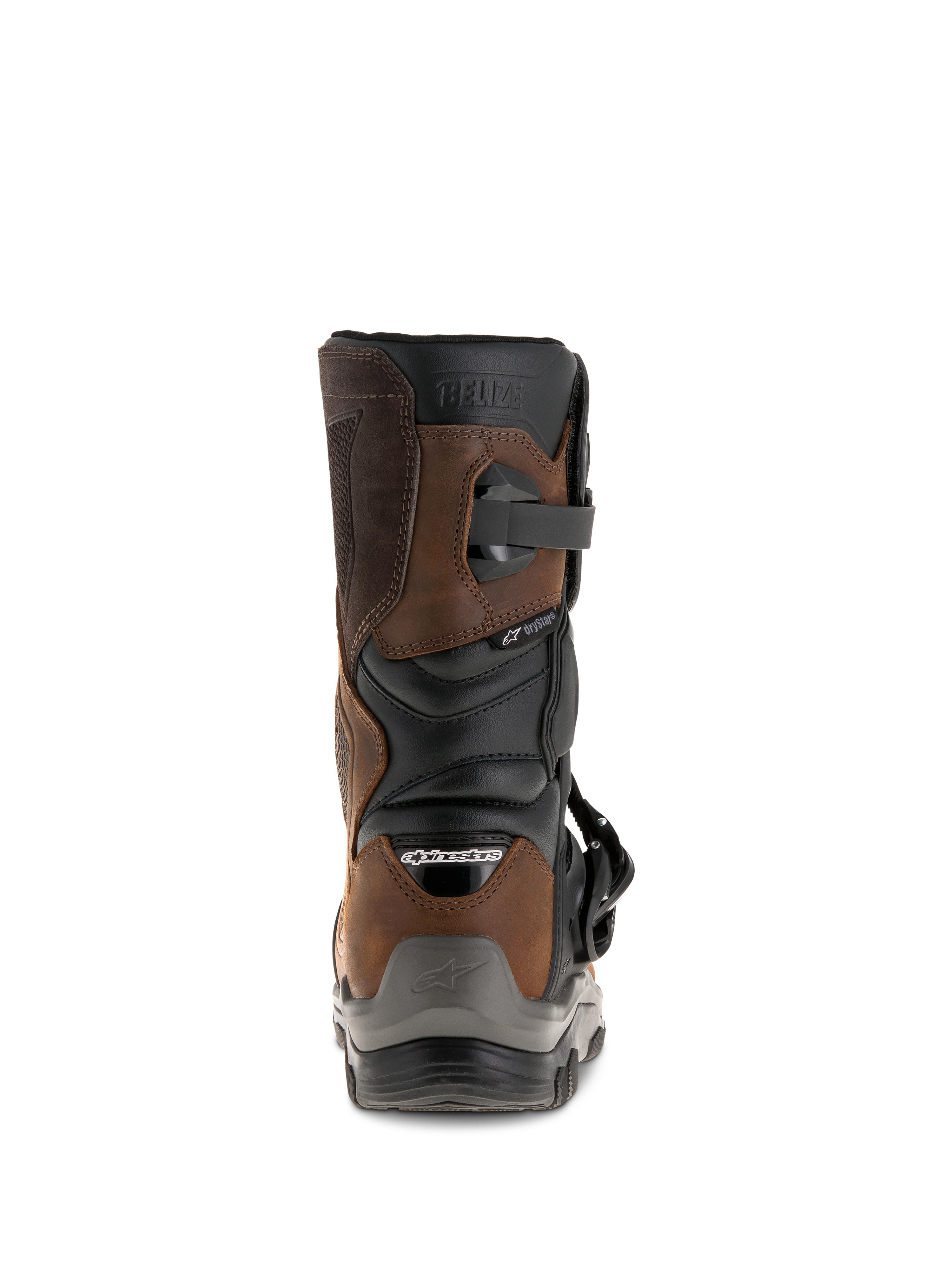 Botas Alpinestars Belize Drystar®, vista trasera, marrón aceitado y negro, botas de moto impermeables para turismo de aventura con diseño de caña corta, logotipo 'BELIZE' grabado y protector de talón resistente.