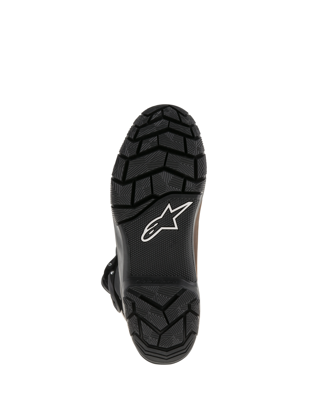 Botas Alpinestars Belize Drystar®, suela de caucho vulcanizado negro con patrón de dibujo de textura robusta, con el logotipo de la estrella de Alpinestars en blanco, diseño de agarre duradero para turismo de aventura