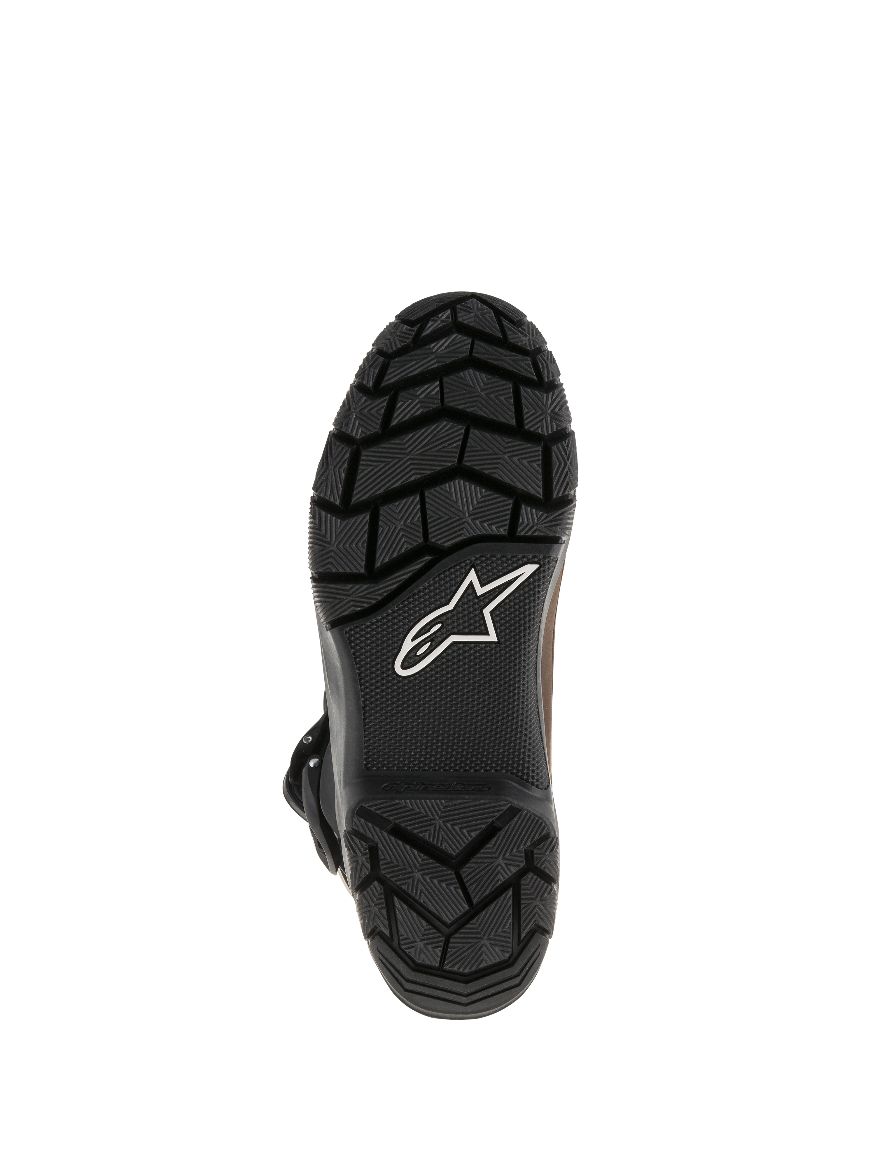 Botas Alpinestars Belize Drystar®, suela de caucho vulcanizado negro con patrón de dibujo de textura robusta, con el logotipo de la estrella de Alpinestars en blanco, diseño de agarre duradero para turismo de aventura
