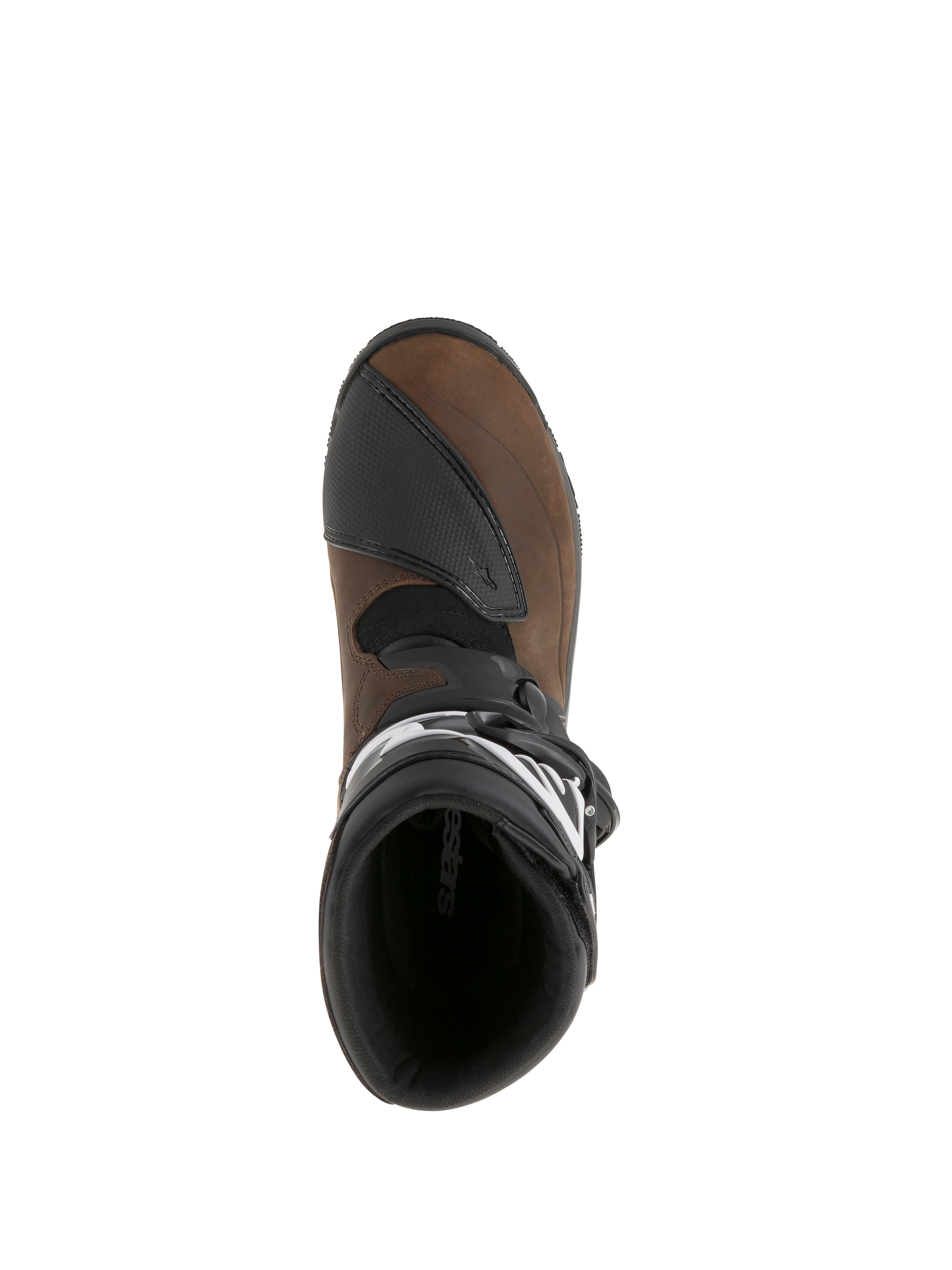 Botas Alpinestars Belize Drystar®, marrón aceitado y negro, vista superior que muestra el forro interior y el protector de cambio texturizado, botas de cuero para motociclismo de turismo de aventura