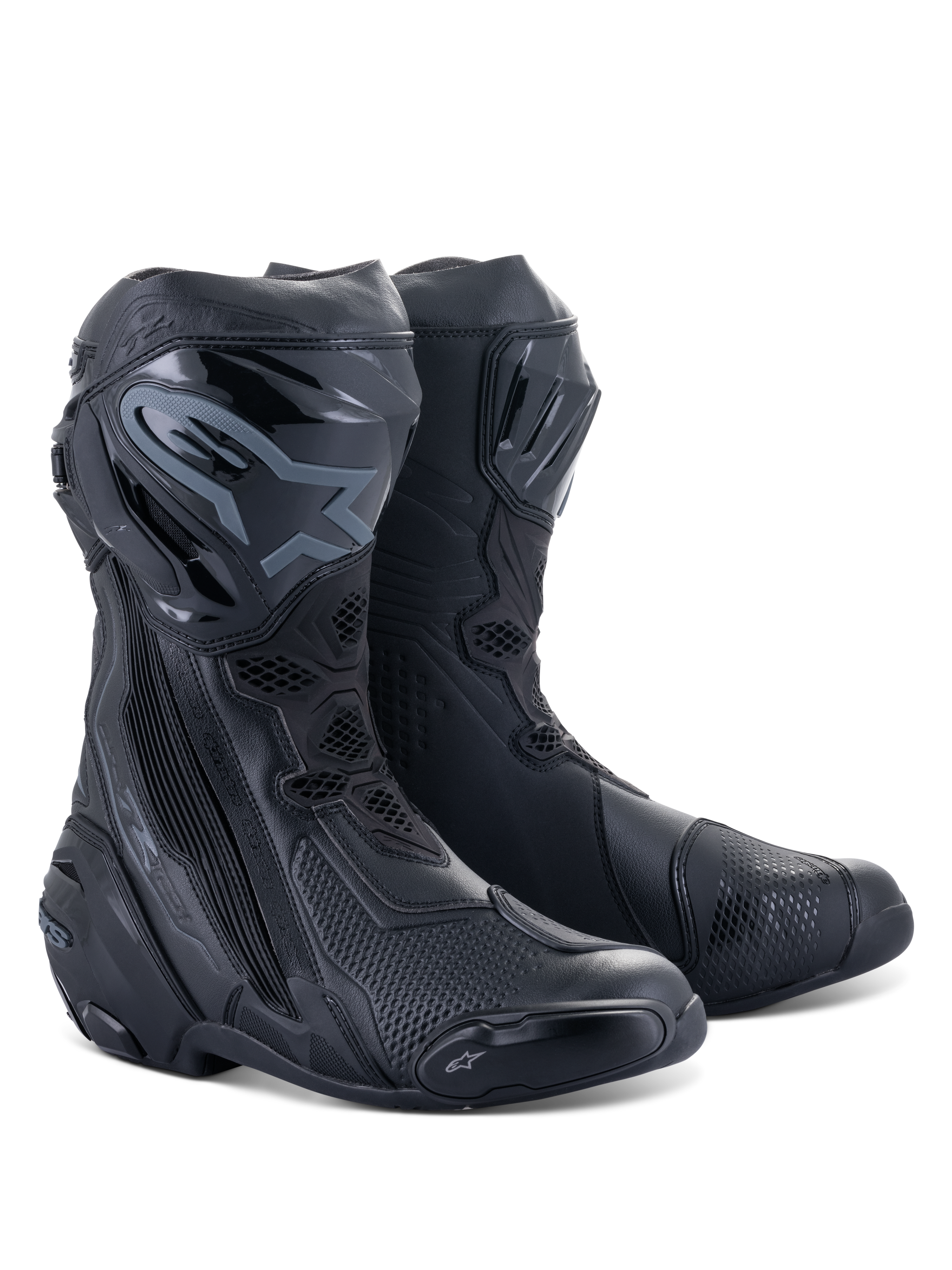 Botas Alpinestars Supertech R, botas de carreras para moto, color negro sobre negro, con placas de espinilla protectoras de TPU, deslizadores reemplazables y un diseño aerodinámico de alto rendimiento para carretera y circuito.