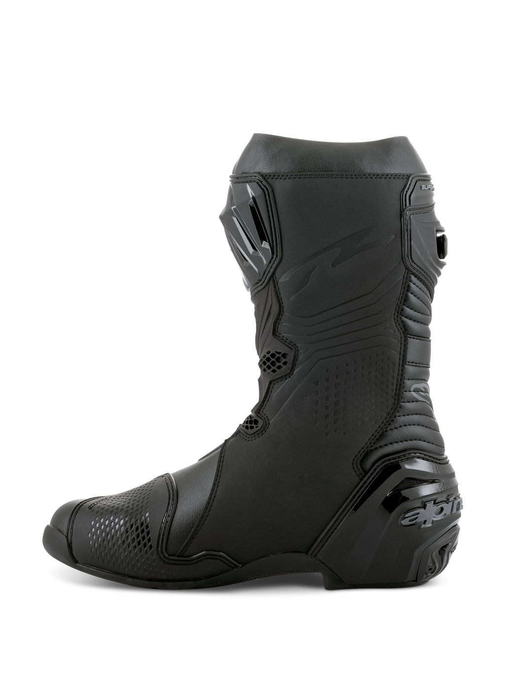 Botas Alpinestars Supertech R, botas de motociclismo de competición, color negro, vista de perfil lateral con espinillera de TPU, protector de talón reforzado y zonas de flexión en acordeón para un movimiento natural, calzado de alto rendimiento para pista y calle profesional
