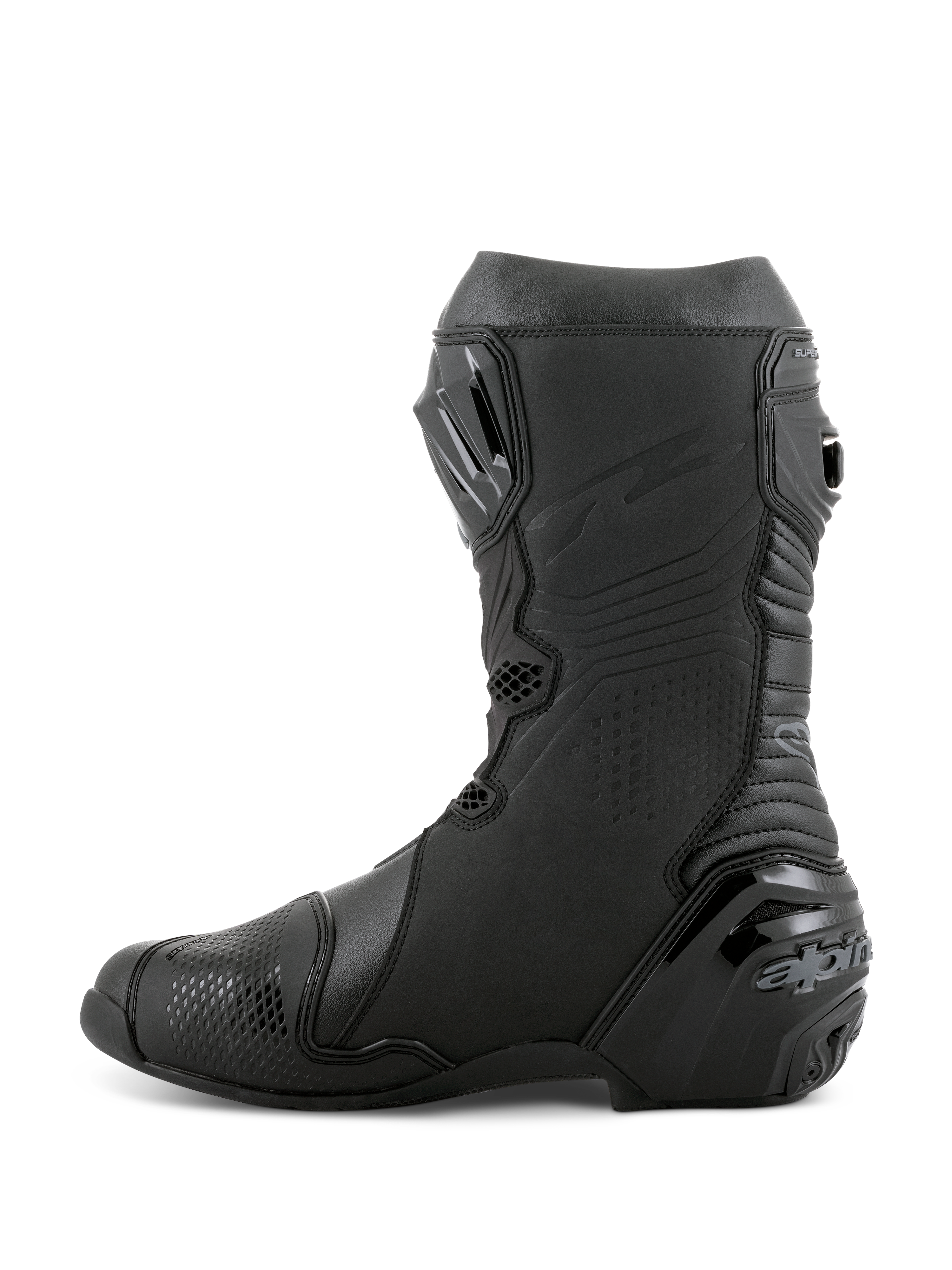 Botas Alpinestars Supertech R, botas de motociclismo de competición, color negro, vista de perfil lateral con espinillera de TPU, protector de talón reforzado y zonas de flexión en acordeón para un movimiento natural, calzado de alto rendimiento para pista y calle profesional