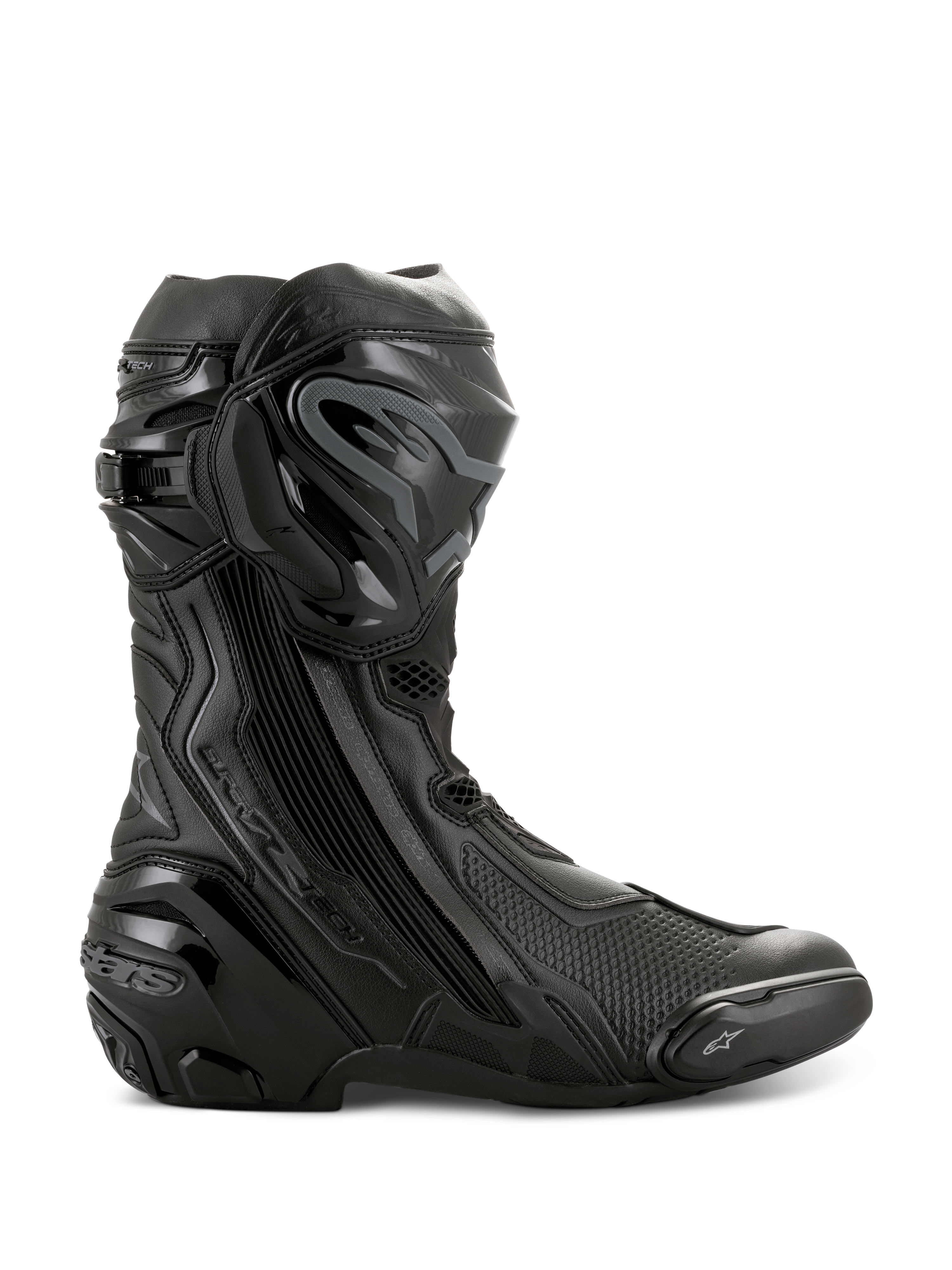 Botas Alpinestars Supertech R, botas de alto rendimiento para carreras de motos, completamente negras, vista de perfil lateral que muestra el protector de espinilla de TPU, deslizador de punta reemplazable y talón reforzado, diseño profesional listo para la pista