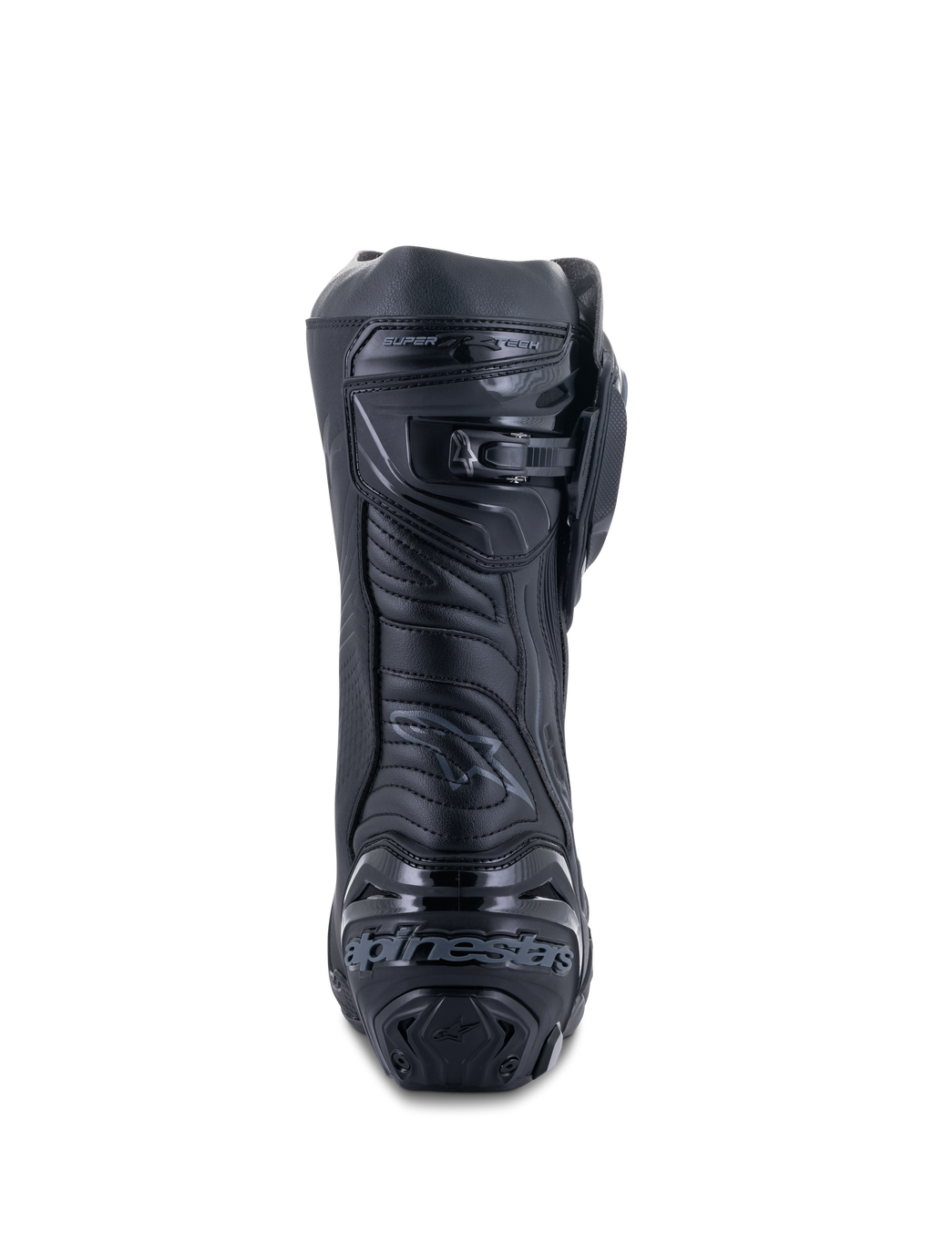 Botas Alpinestars Supertech R, Negro Negro, vista trasera que muestra la placa reforzada del talón con la marca, cierre de trinquete microajustable en la pantorrilla y zona flexible del Aquiles, calzado profesional de motociclismo para competición