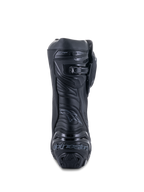 Botas Alpinestars Supertech R, Negro Negro, vista trasera que muestra la placa reforzada del talón con la marca, cierre de trinquete microajustable en la pantorrilla y zona flexible del Aquiles, calzado profesional de motociclismo para competición