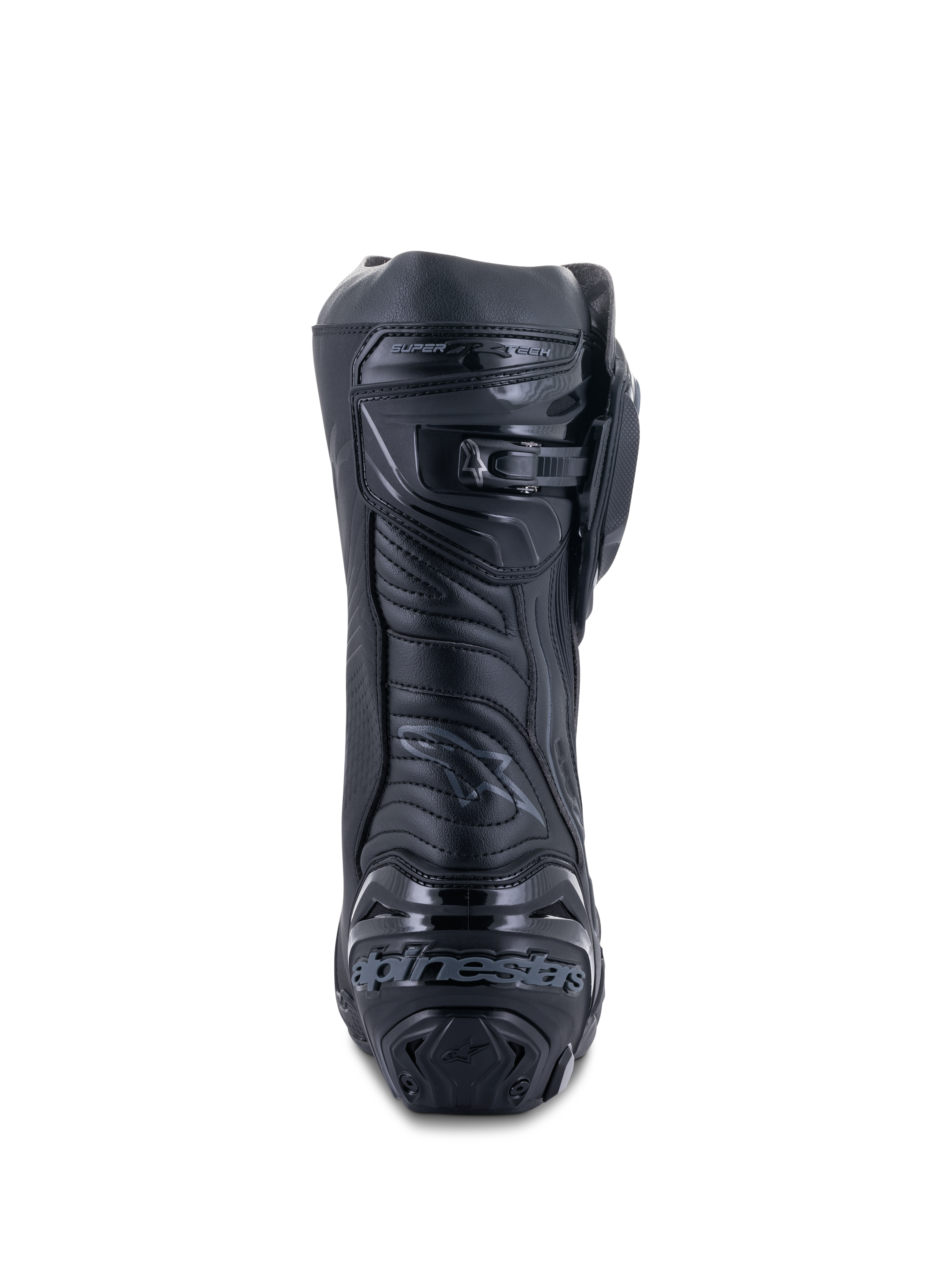 Botas Alpinestars Supertech R, Negro Negro, vista trasera que muestra la placa reforzada del talón con la marca, cierre de trinquete microajustable en la pantorrilla y zona flexible del Aquiles, calzado profesional de motociclismo para competición