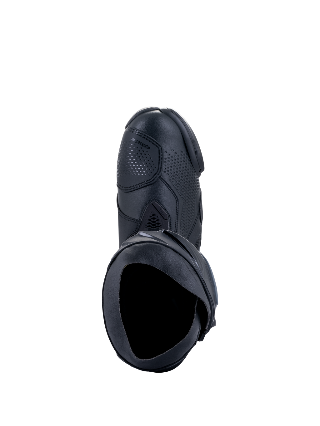 Botas Alpinestars Supertech R, botas de competición para motociclismo, color negro, vista desde arriba que muestra la apertura interna, el protector de cambio y la parte superior sintética texturizada, diseño de calzado profesional de carreras