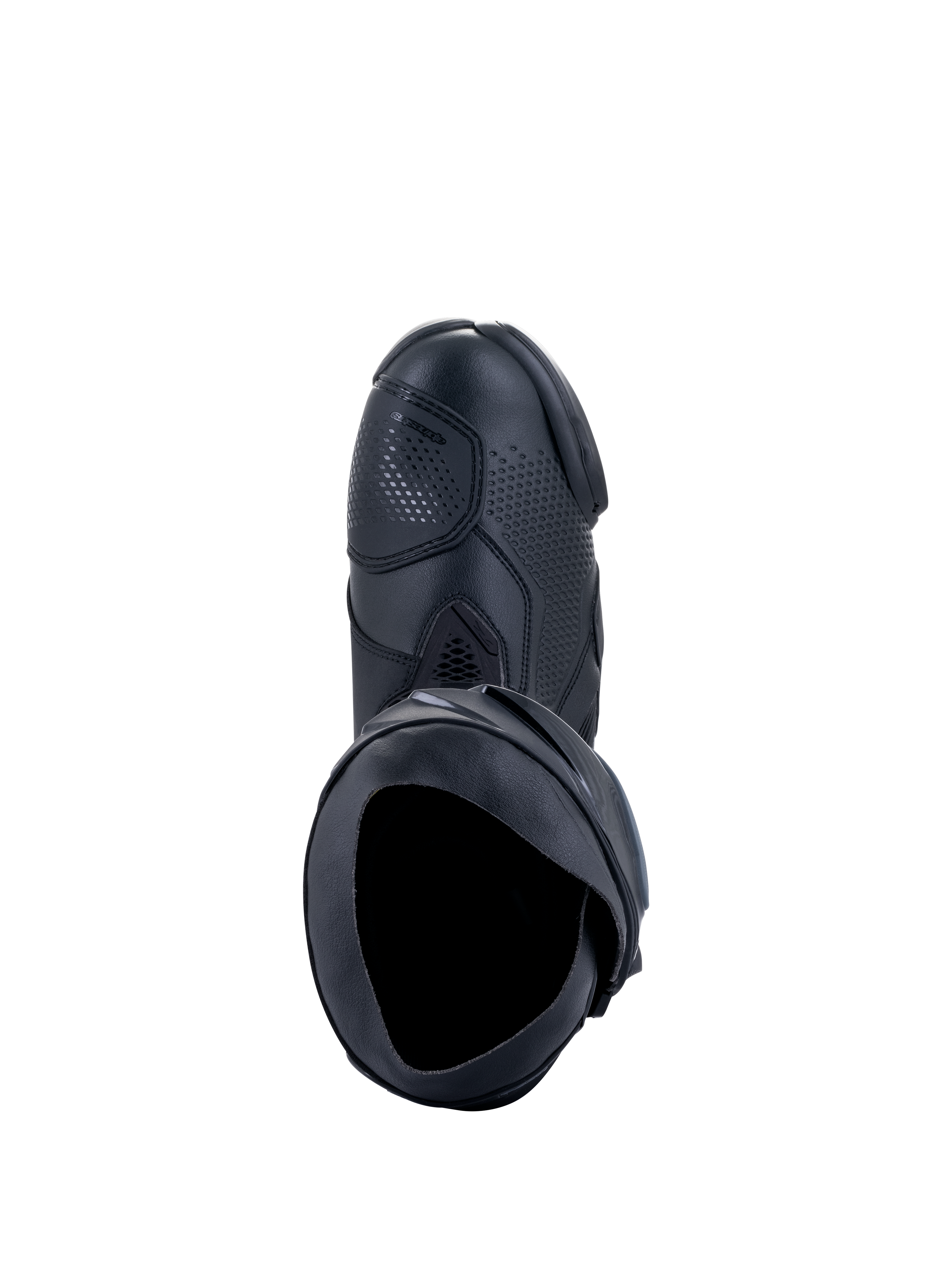 Botas Alpinestars Supertech R, botas de competición para motociclismo, color negro, vista desde arriba que muestra la apertura interna, el protector de cambio y la parte superior sintética texturizada, diseño de calzado profesional de carreras