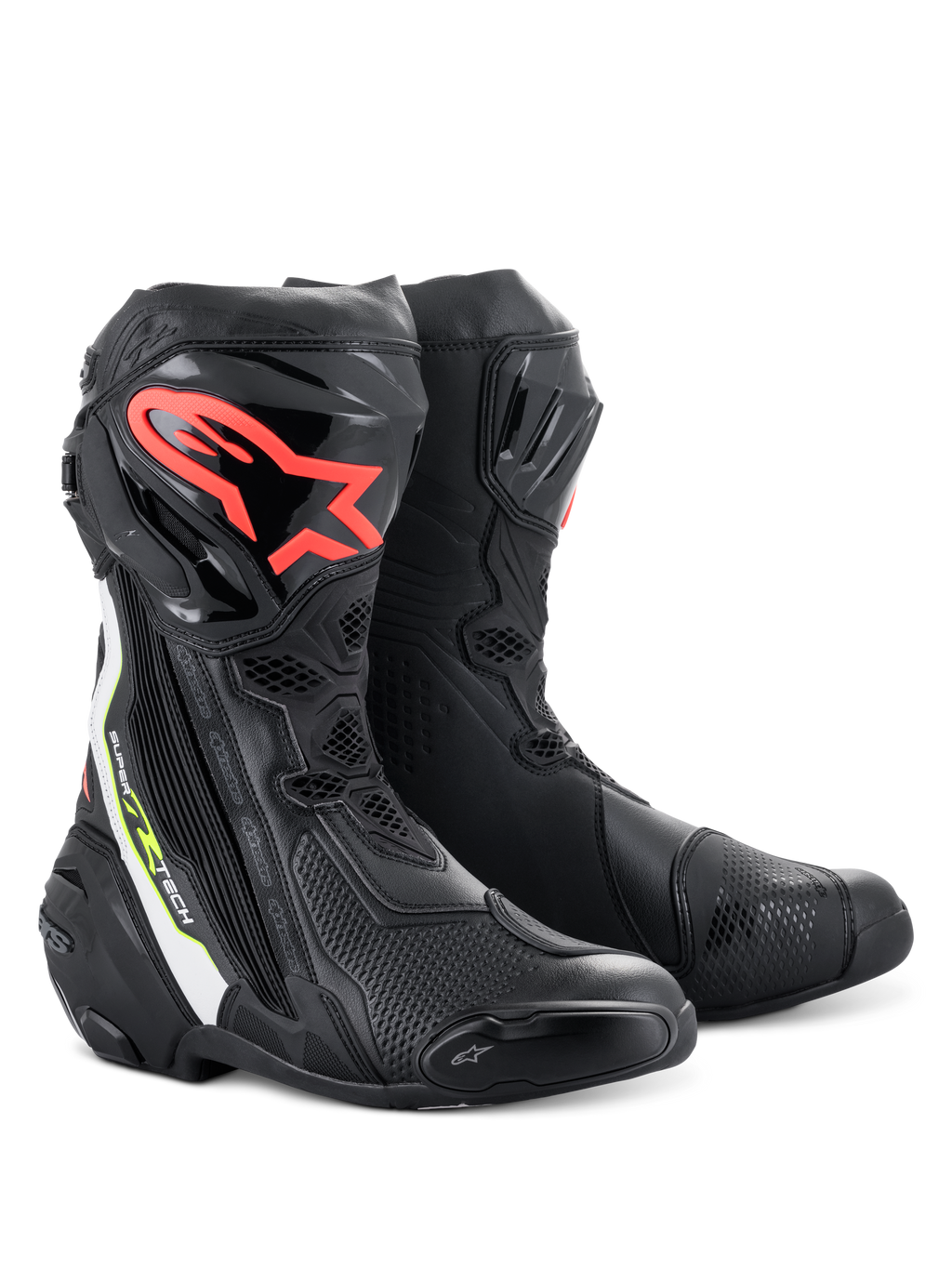 Botas Alpinestars Supertech R, botas de competición para motociclismo de alto rendimiento, negras con el logotipo de Alpinestars en rojo en la espinilla, detalles en blanco y amarillo fluorescente, con construcción de microfibra técnica y espinilleras protectoras de TPU.