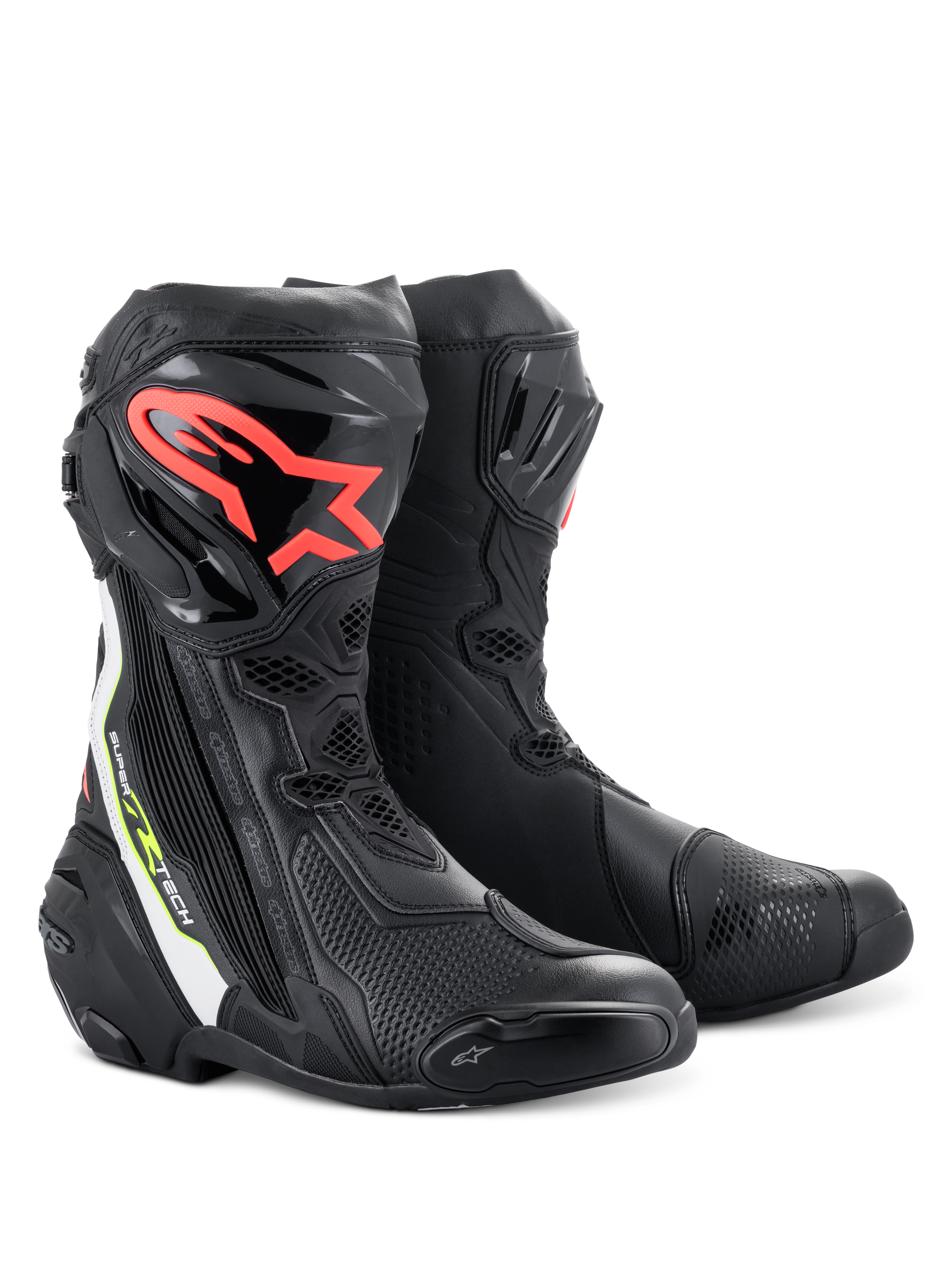 Botas Alpinestars Supertech R, botas de competición para motociclismo de alto rendimiento, negras con el logotipo de Alpinestars en rojo en la espinilla, detalles en blanco y amarillo fluorescente, con construcción de microfibra técnica y espinilleras protectoras de TPU.
