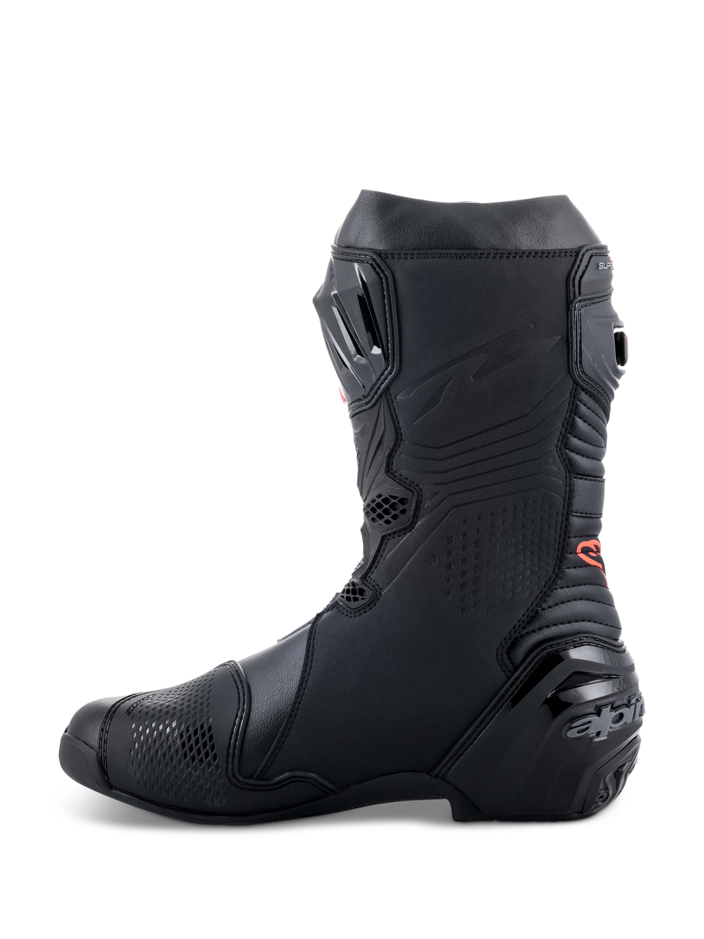 Botas Alpinestars Supertech R, botas de competición de alto rendimiento para motociclismo, diseño elegante totalmente negro con detalles del logotipo en rojo, perfil lateral con talón reforzado y paneles de protección de TPU