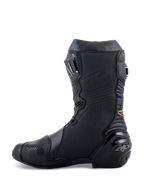 Botas Alpinestars Supertech R, botas de competición de alto rendimiento para motociclismo, diseño elegante totalmente negro con detalles del logotipo en rojo, perfil lateral con talón reforzado y paneles de protección de TPU